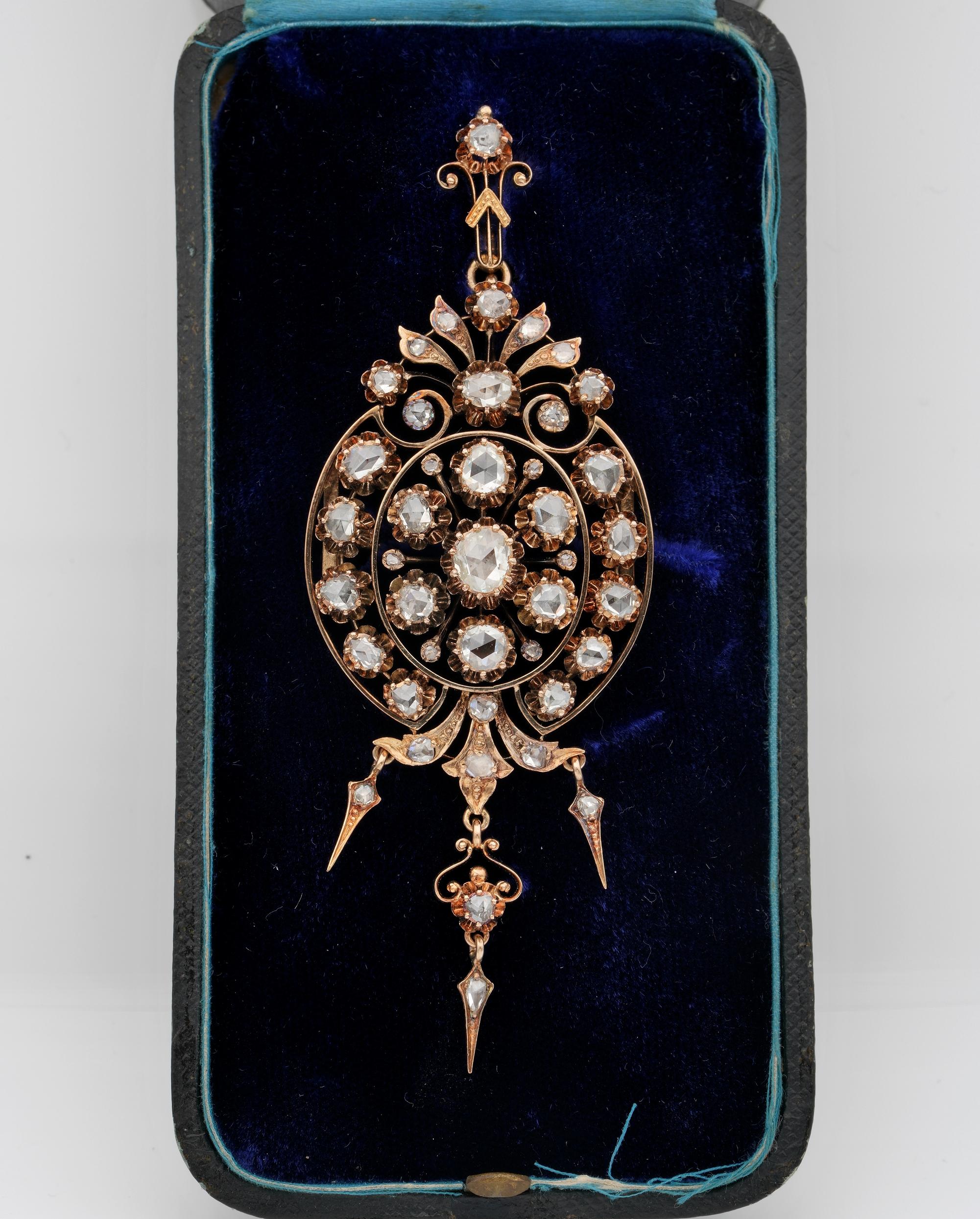 Glorious Victorian
Rare brooch , pendant or stomacher from the Victorian period – 1880 ca
Glorious design as you would admire on a Victorian royal portrait, artfully crafted during the time of 16/17 KT tested- solid gold, measures an impressive 10