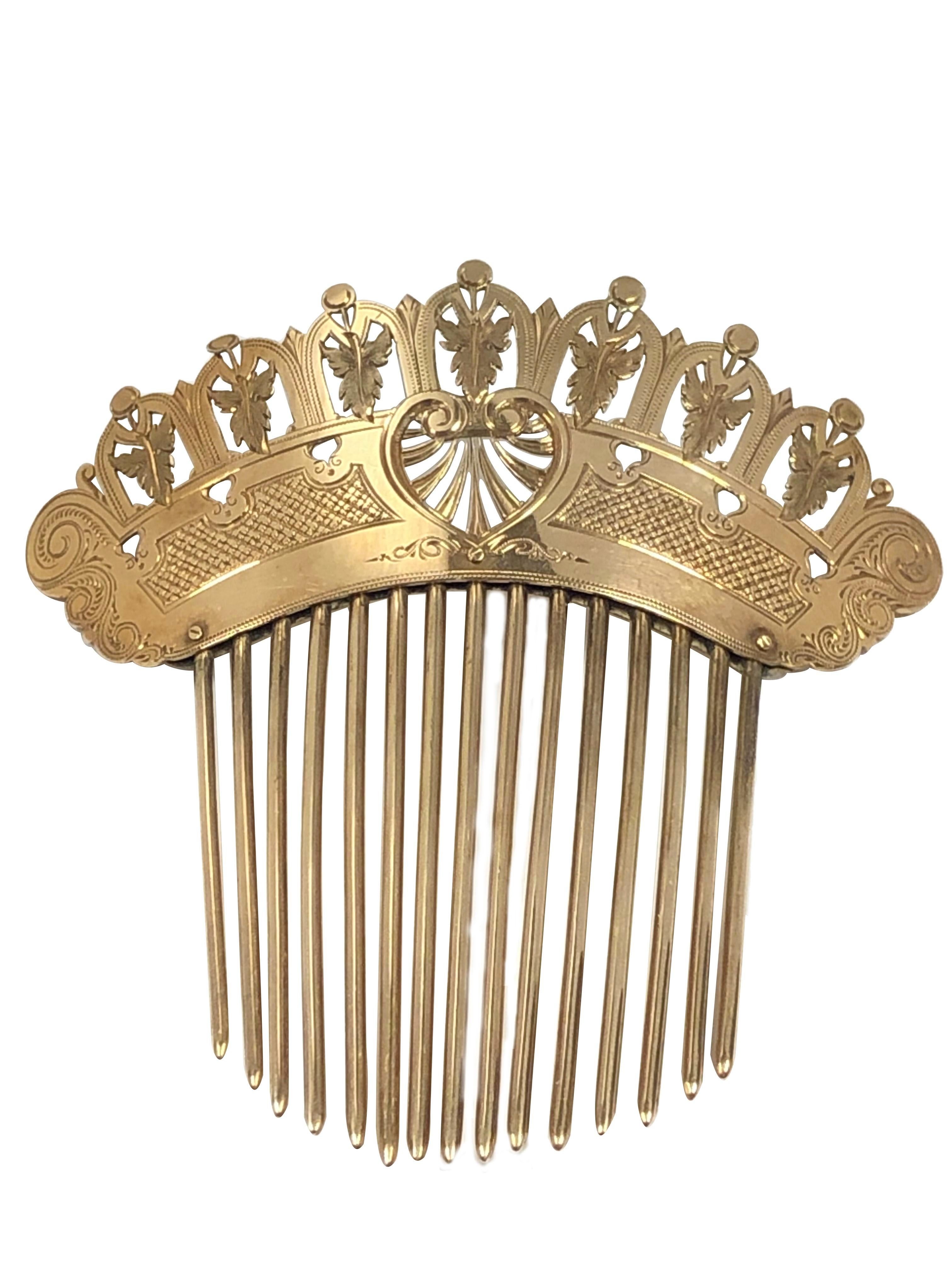 Circa 1870 - 1880 14k Rose Gold Hair Comb, measuring 4 inches in length, 4 inches wide and weighing 41.5 Grams, finely detailed with hand engraving workmanship on both sides.