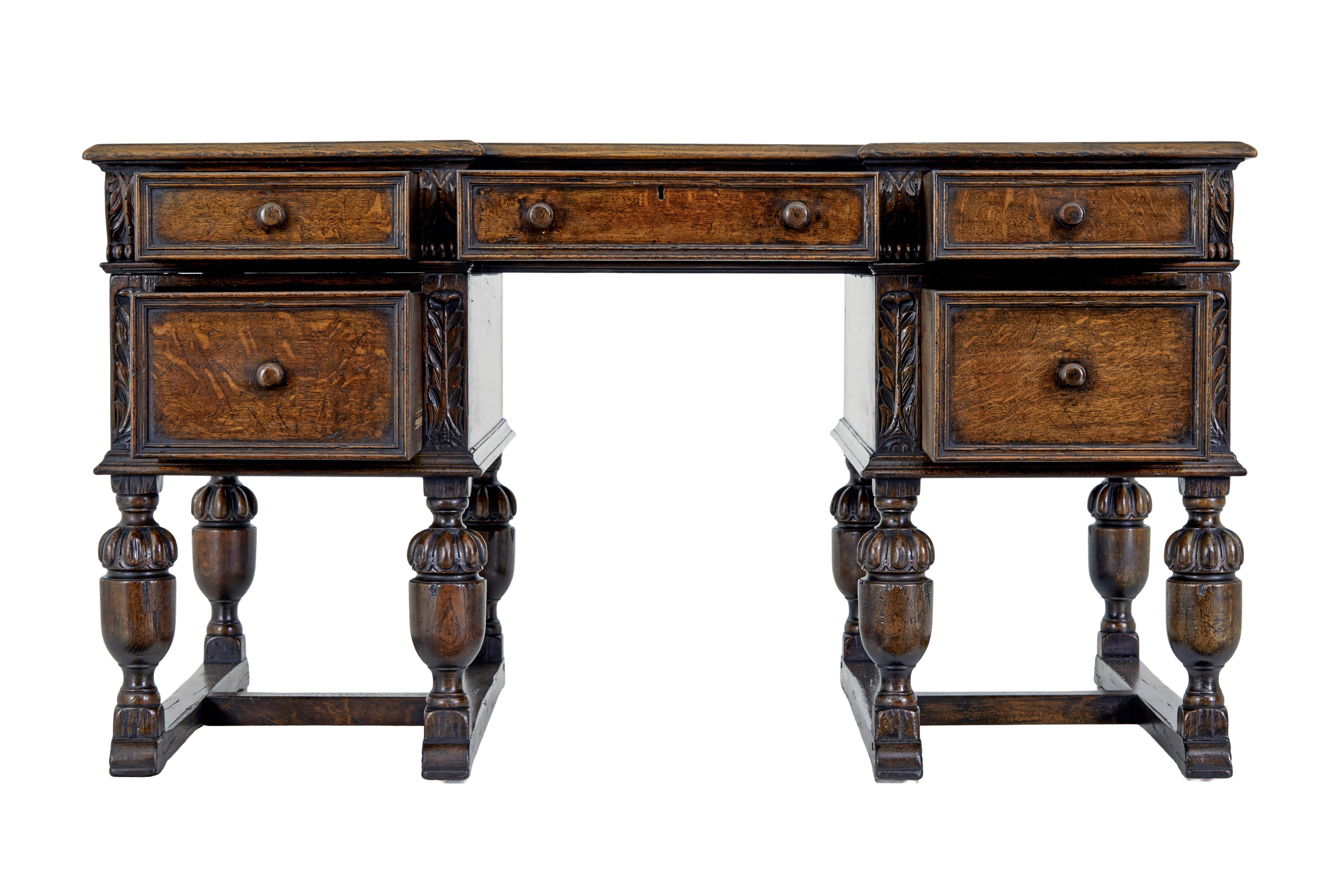 Late Victorian Victorian late 19th century carved oak pedestal desk For Sale