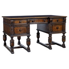 Antique Victorian late 19th century carved oak pedestal desk