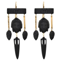 Victorian Lava Rock 14 Karat Gold Goddess Diana Antique Fringe Earrings