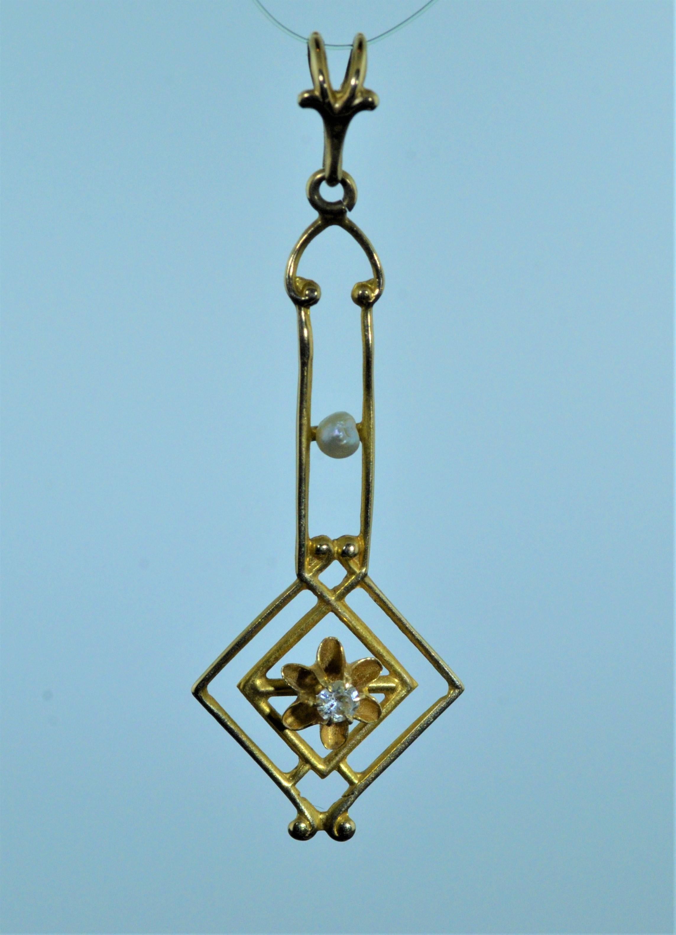 Old Mine Cut Victorian Lavalier Pendant Set with Natural Pearl and Single Cut Diamond For Sale
