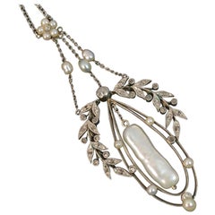 Victorian Lavalier Platinum 15 Carat Gold Pearl and Diamond Necklace Pendant