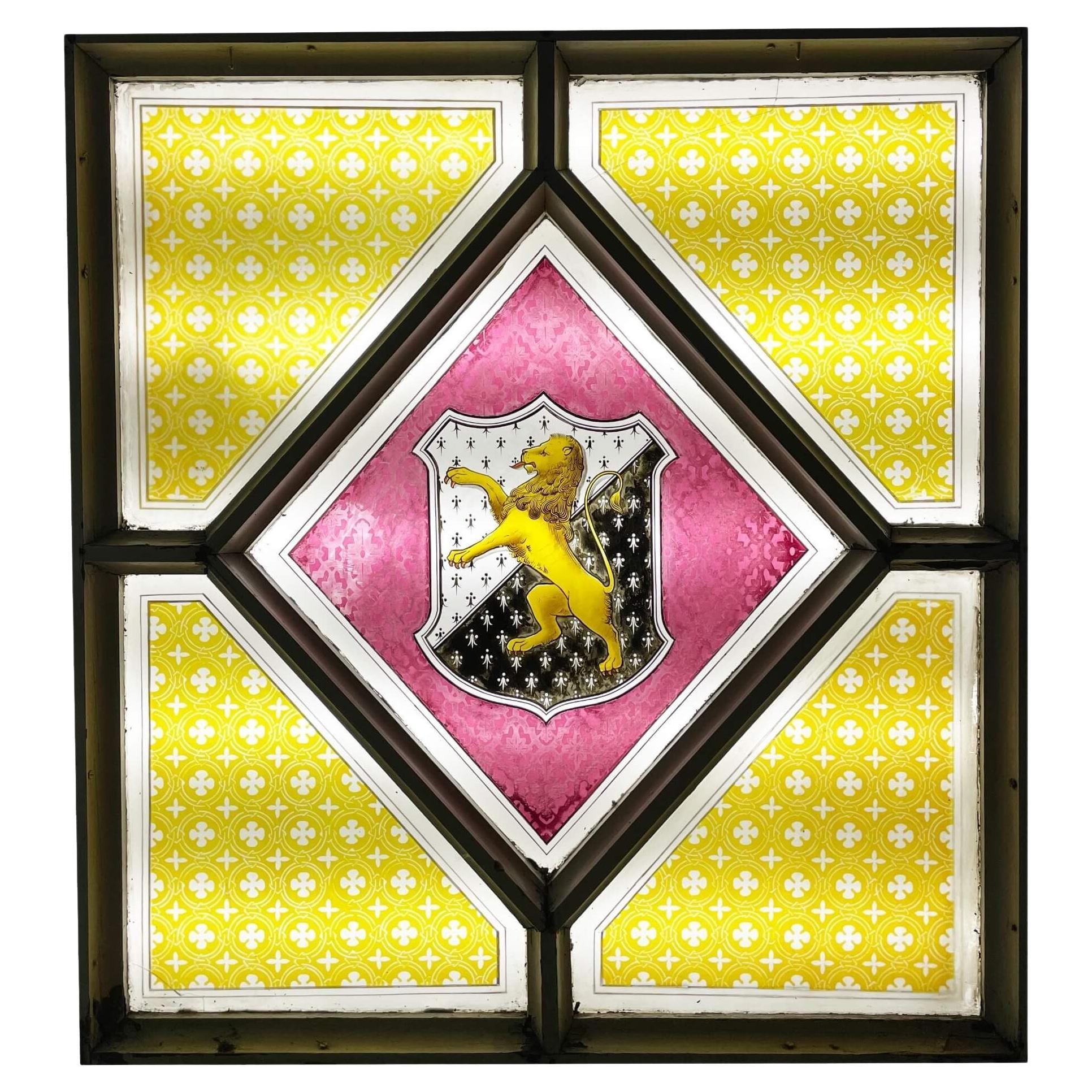Victorian Leaded Glass Window with Tudor Trefor Family Crest
