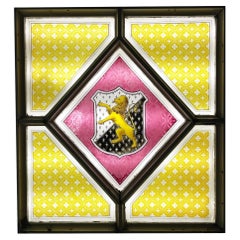 Victorian Leaded Glass Window with Tudor Trefor Family Crest