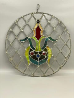 Victorian Leaded Slag Glass and Faceted Jeweled Rondel