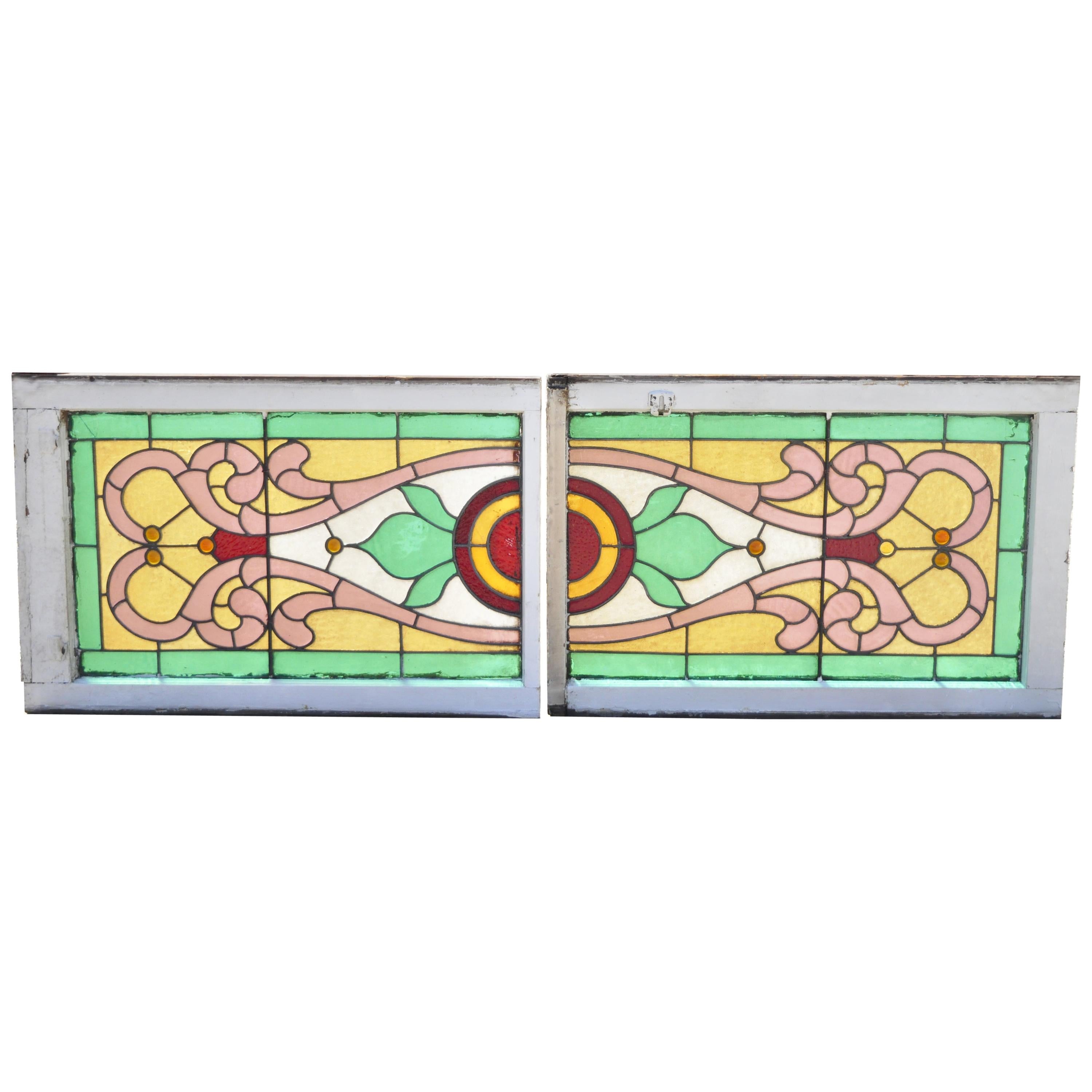 Victorian Leaded Stained Glass Pink Green Red Orange Windows w/ Jewels, a Pair