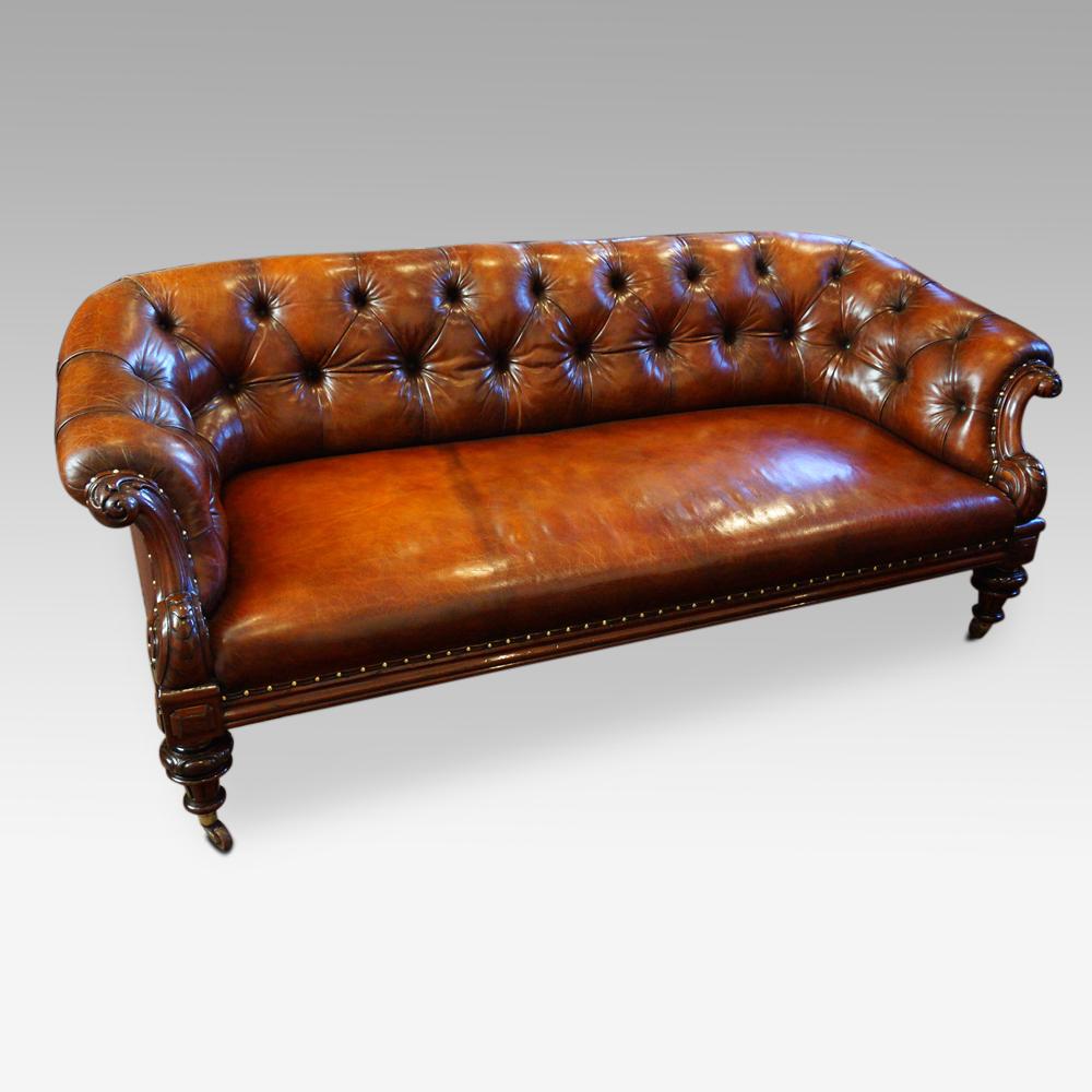 Victorian leather chesterfield by Wylie & Lochhead of Glasgow
This Victorian leather chesterfield was made in the famous workshops of Wylie & Lochhead in Glasgow. Once made it would have been retailed in one of their showrooms in London, Glasgow,
