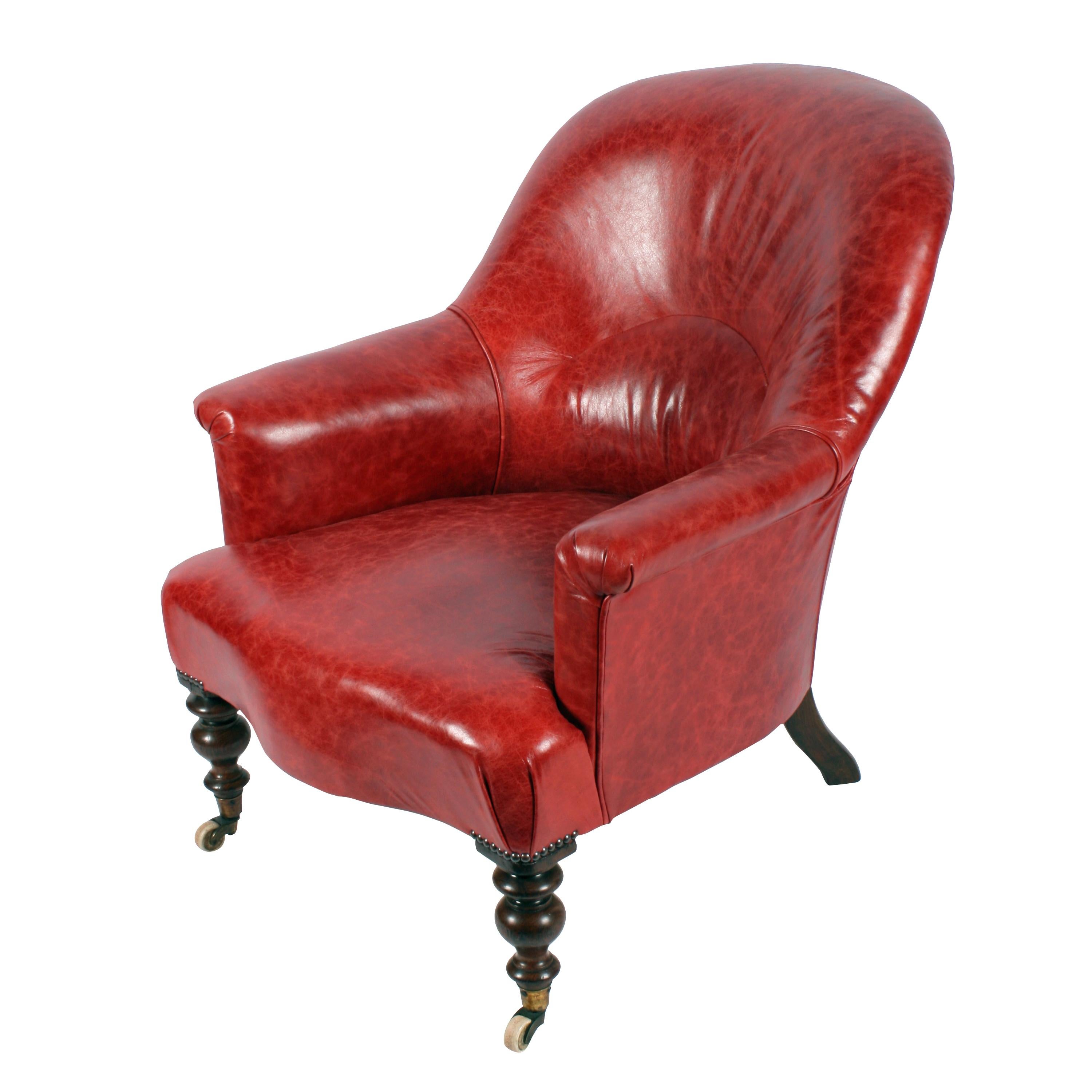 Victorian leather library armchair

Middle of the 19th century library armchair with rosewood legs and red leather hide upholstery.


The chair has turned front legs and square kick out back legs with cope and colinson patent gilt brass and