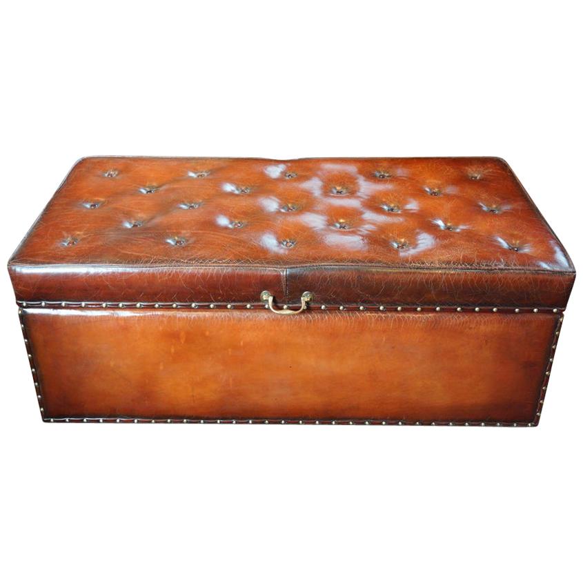 Victorian grade 1 English Leather buttoned seat Ottoman blanket chest