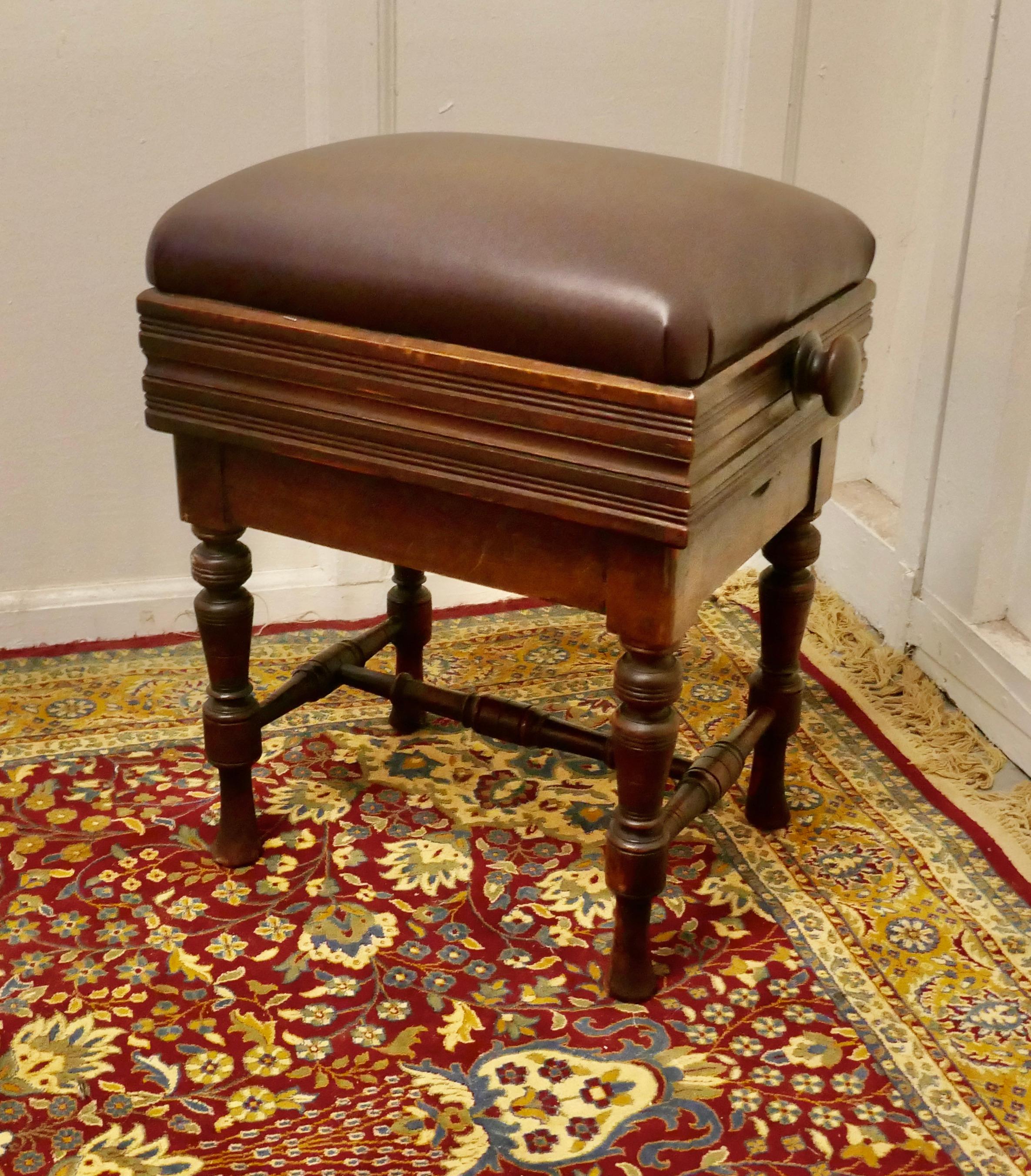 Victorian Leather Rising Piano Stool

A lovely looking piece, the stool is a rectangular shape with a mechanism raising it from a low of 19” to 23” when at full height
The stool stands on 4 crisply turned legs with new Leather upholstery 

The