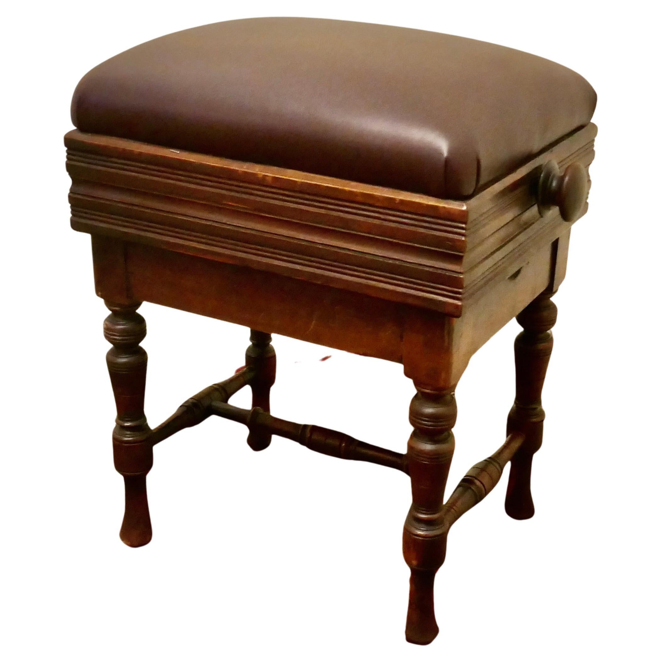 Genuine Leather Mahogany Concert Grand Duet Piano Bench Stool with Music Storage 