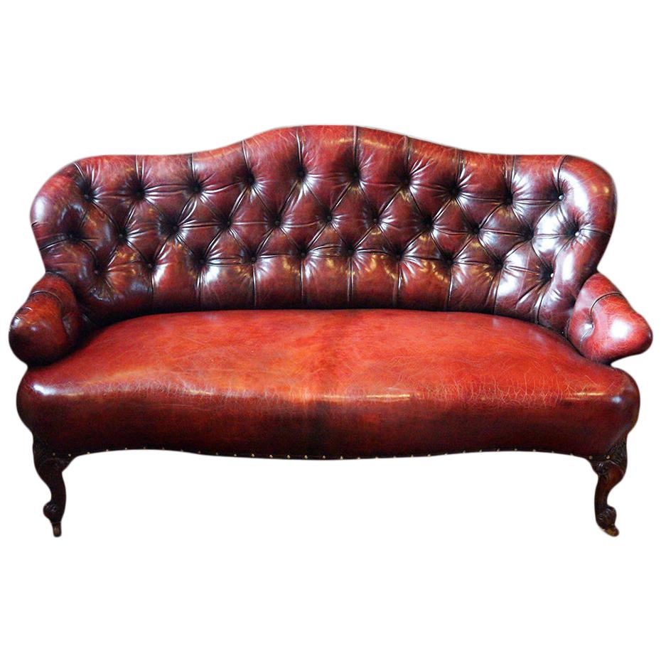 English Victorian deep buttoned red Leather Sofa, 19th century loveseat