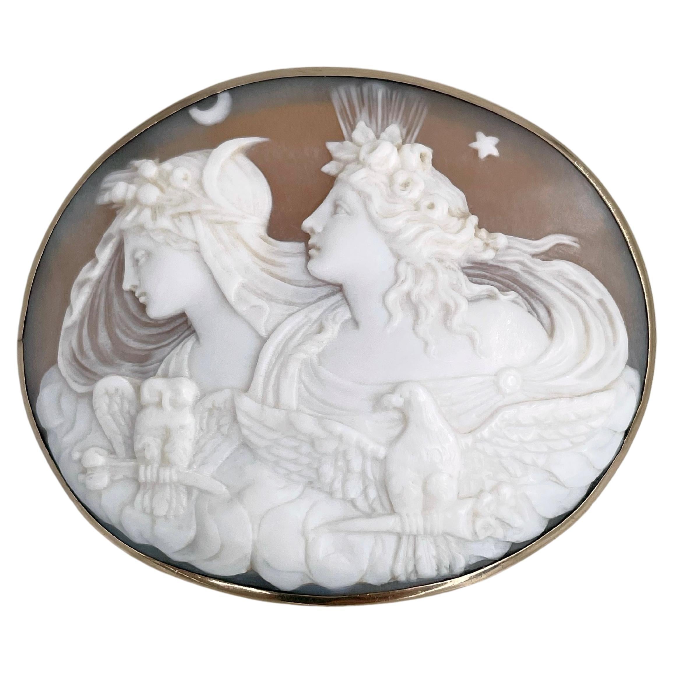 Victorian Left Facing Greek Goddesses Eos And Nyx Shell Cameo Pin Brooch For Sale