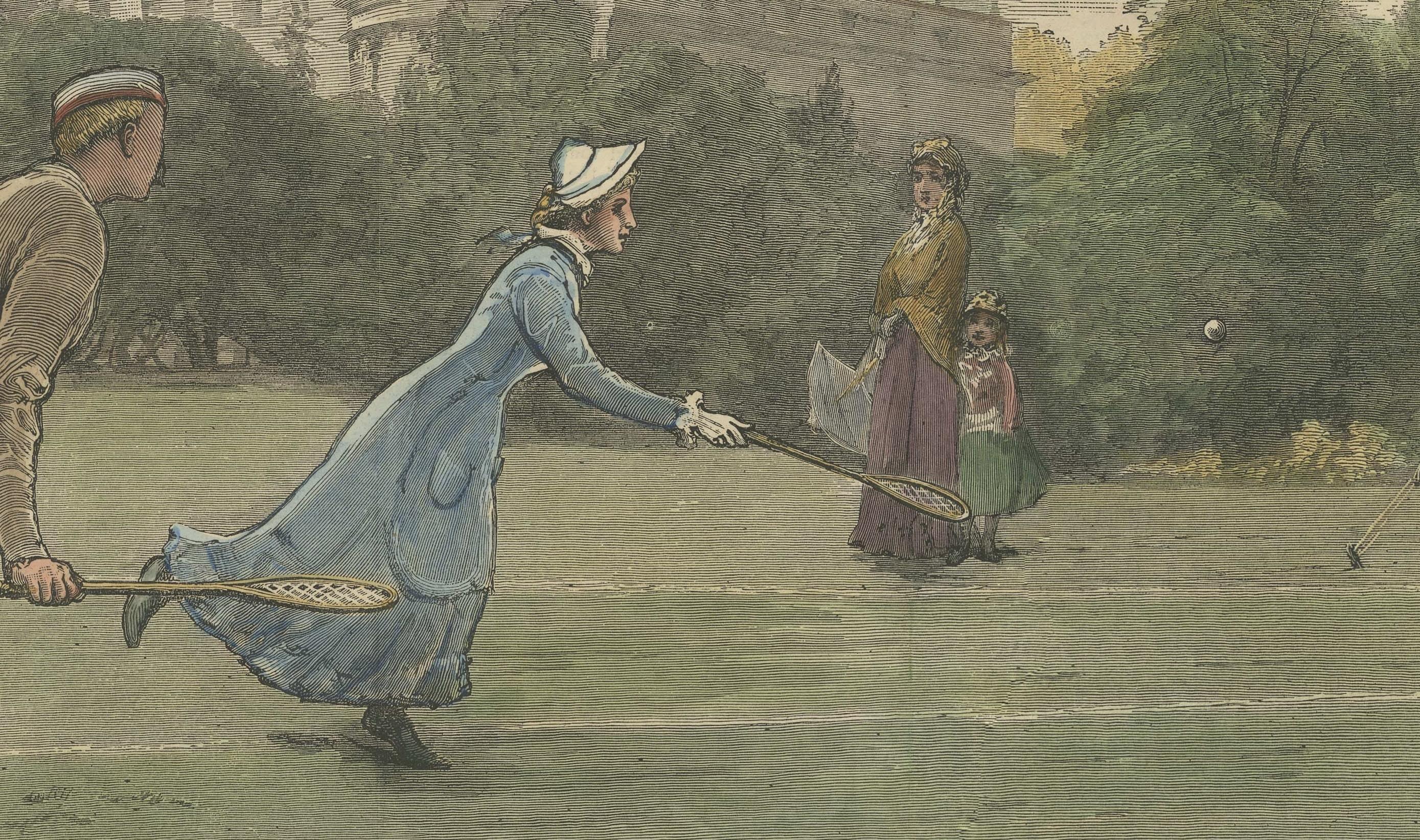 This print -most likely from The London Illustrated News or around 1900 - is a work by Alfred Edward Emslie, a British genre and portrait painter and photographer, portrays a genteel scene of Victorian society engaged in the pastime of lawn tennis.