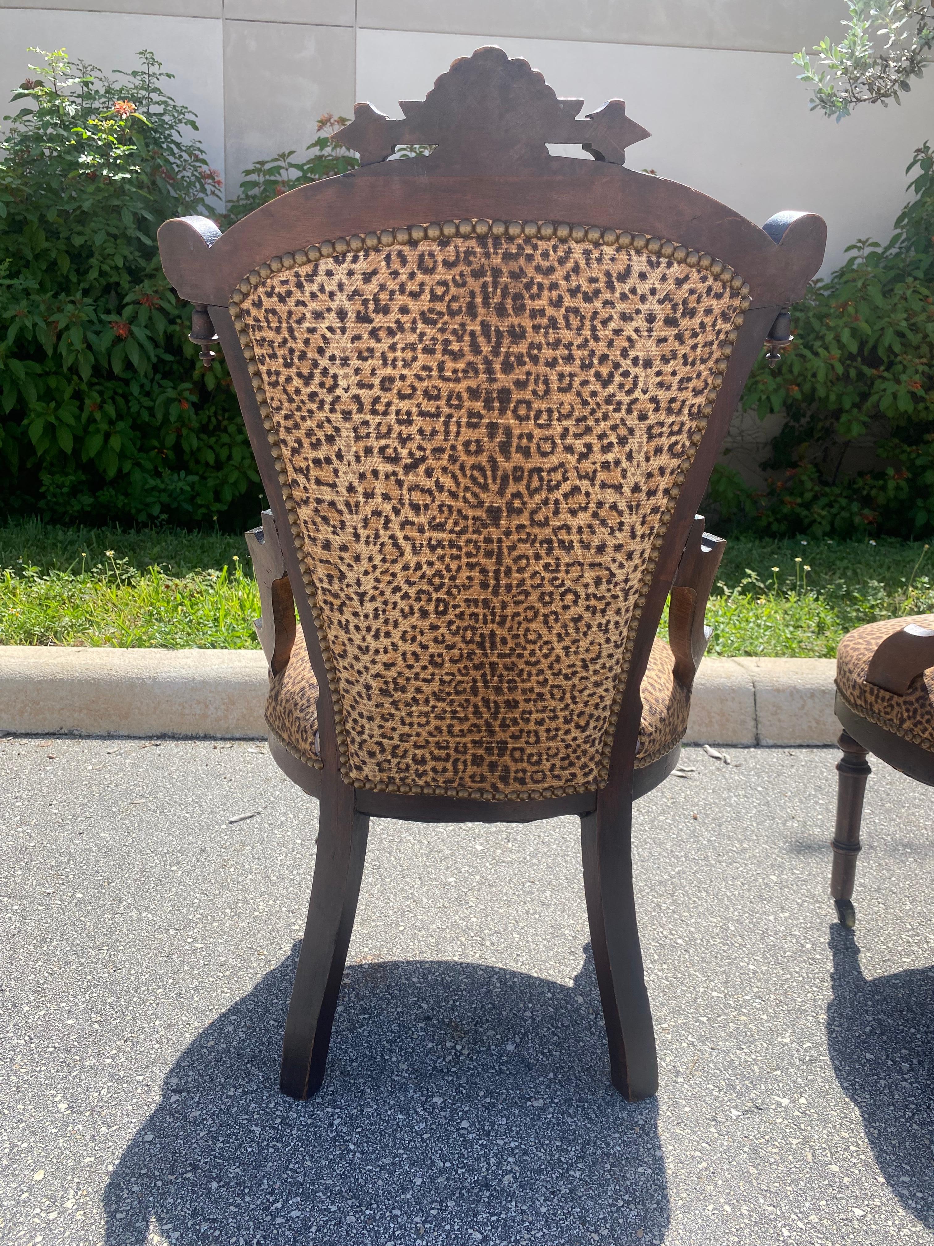 Victorian Carved Wood Leopard Nailhead Slipper Chairs, Set of 2 For Sale 5