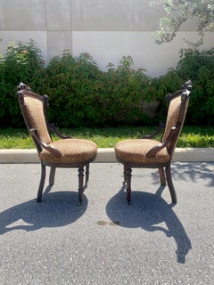 Victorian Carved Wood Leopard Nailhead Slipper Chairs, Set of 2