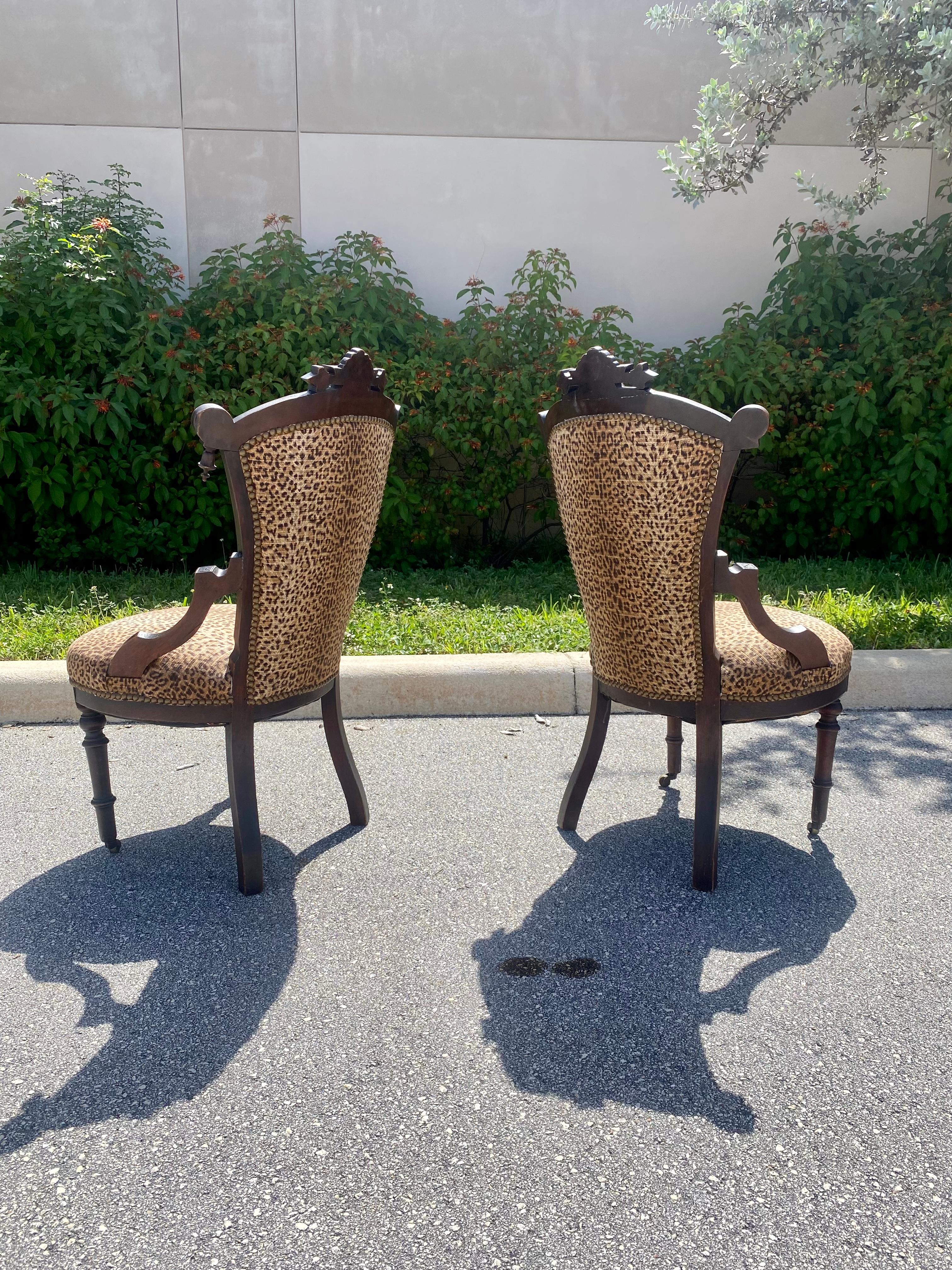 Victorian Carved Wood Leopard Nailhead Slipper Chairs, Set of 2 In Good Condition For Sale In Fort Lauderdale, FL