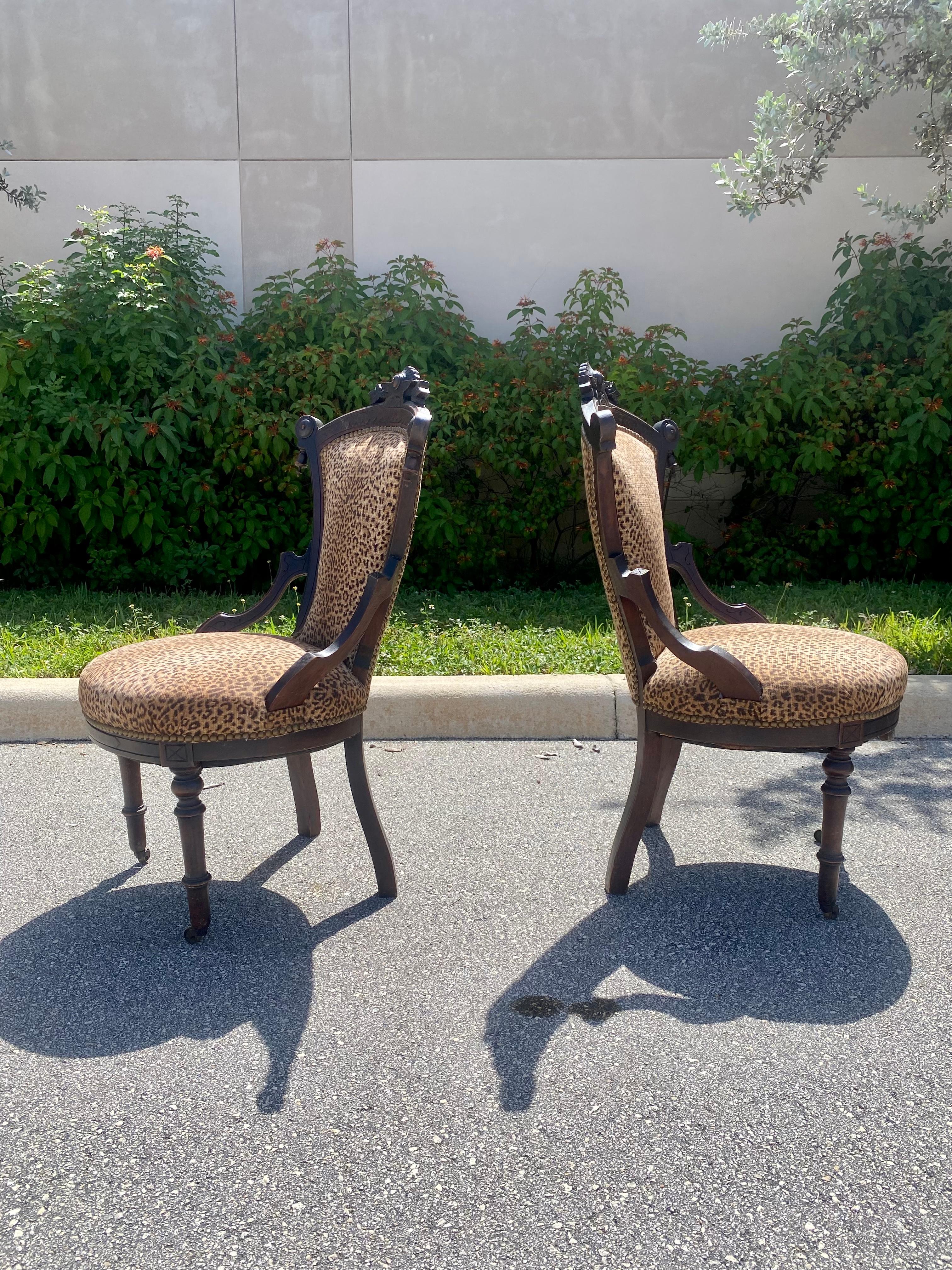 Victorian Carved Wood Leopard Nailhead Slipper Chairs, Set of 2 For Sale 1