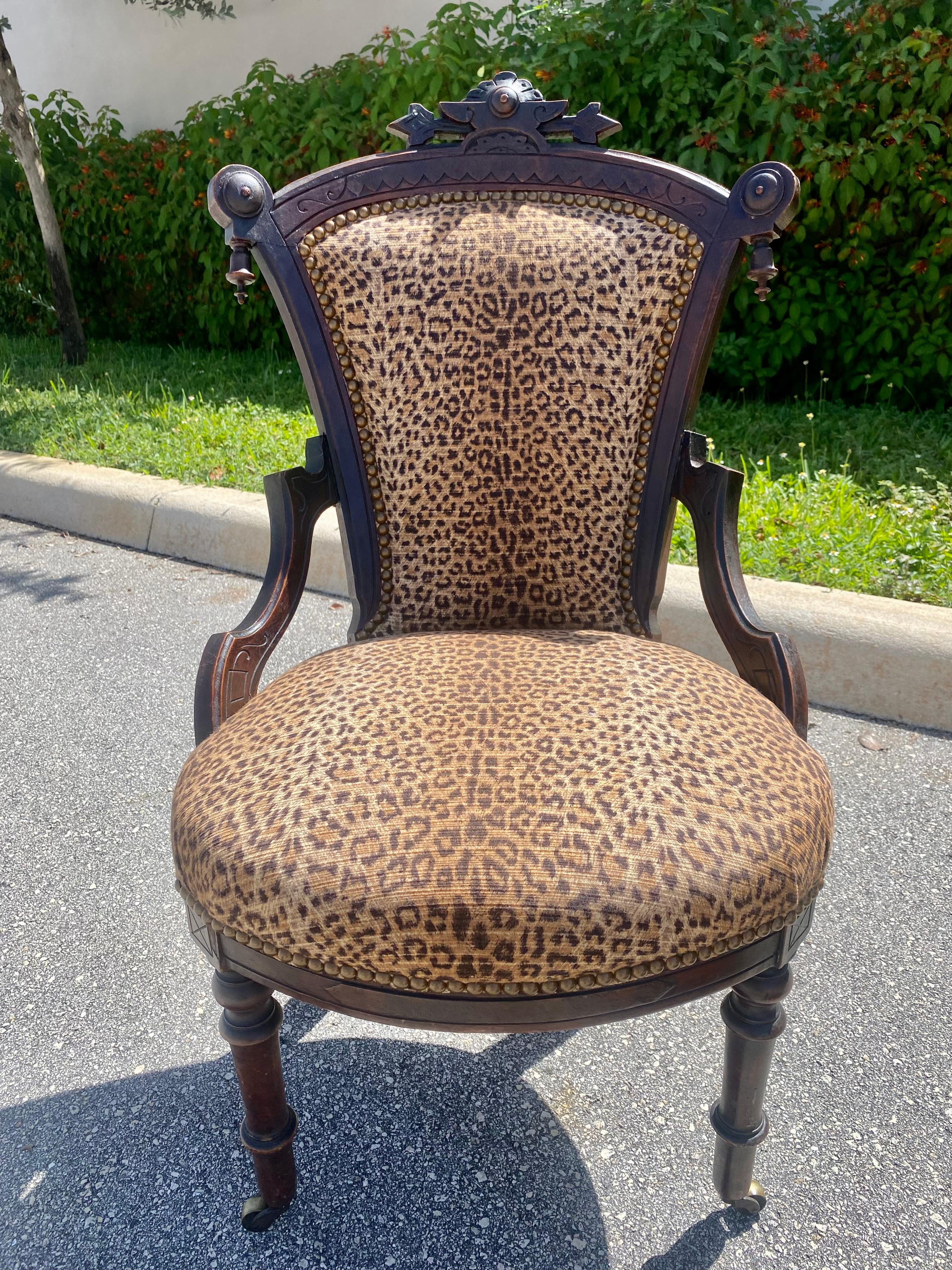 Victorian Carved Wood Leopard Nailhead Slipper Chairs, Set of 2 For Sale 2