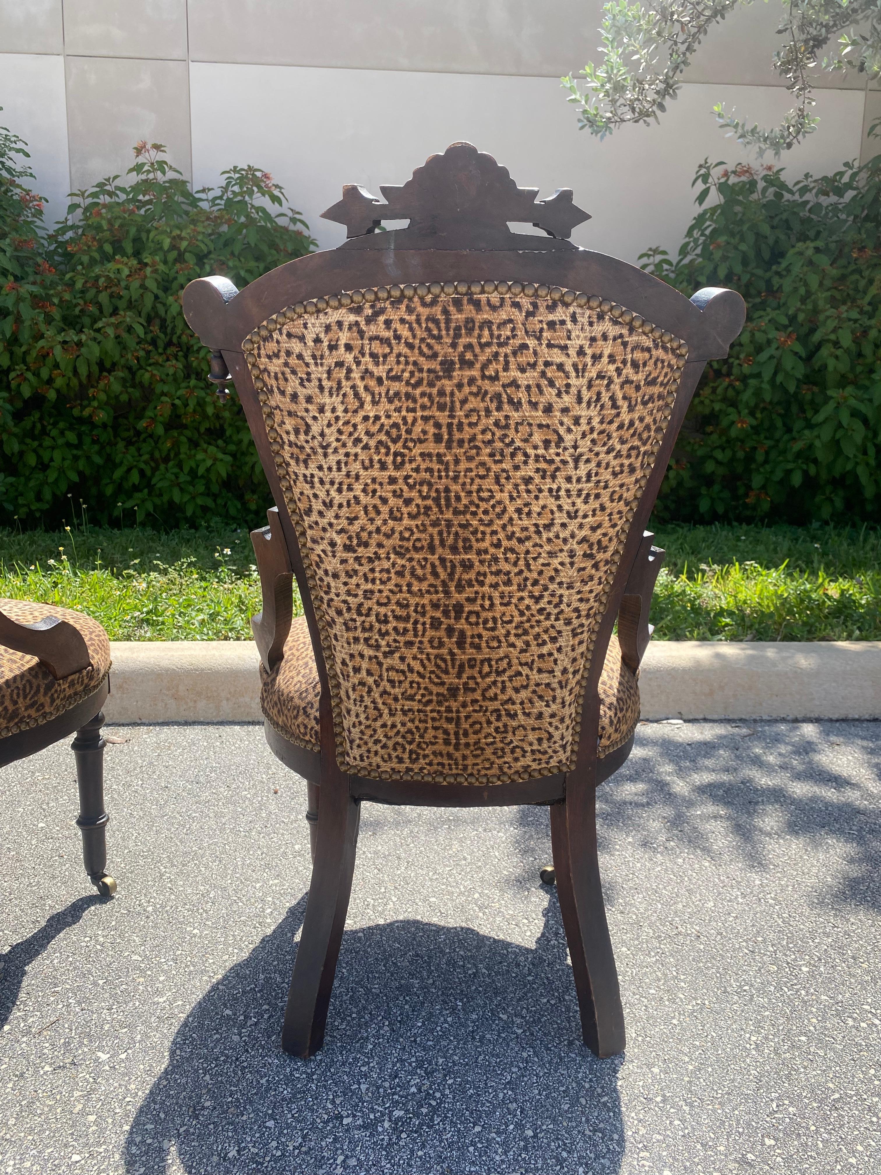 Victorian Carved Wood Leopard Nailhead Slipper Chairs, Set of 2 For Sale 3