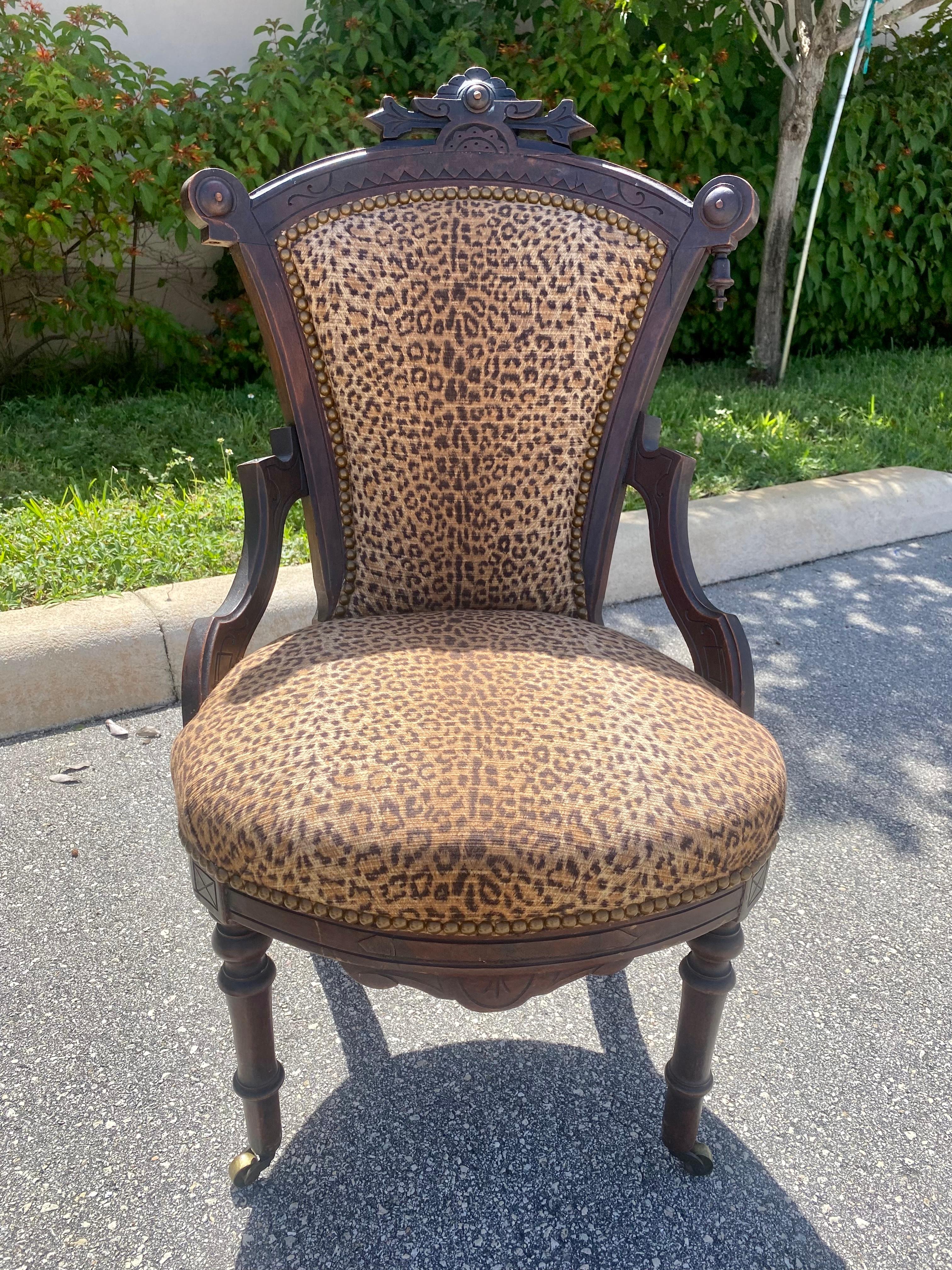 Victorian Carved Wood Leopard Nailhead Slipper Chairs, Set of 2 For Sale 4
