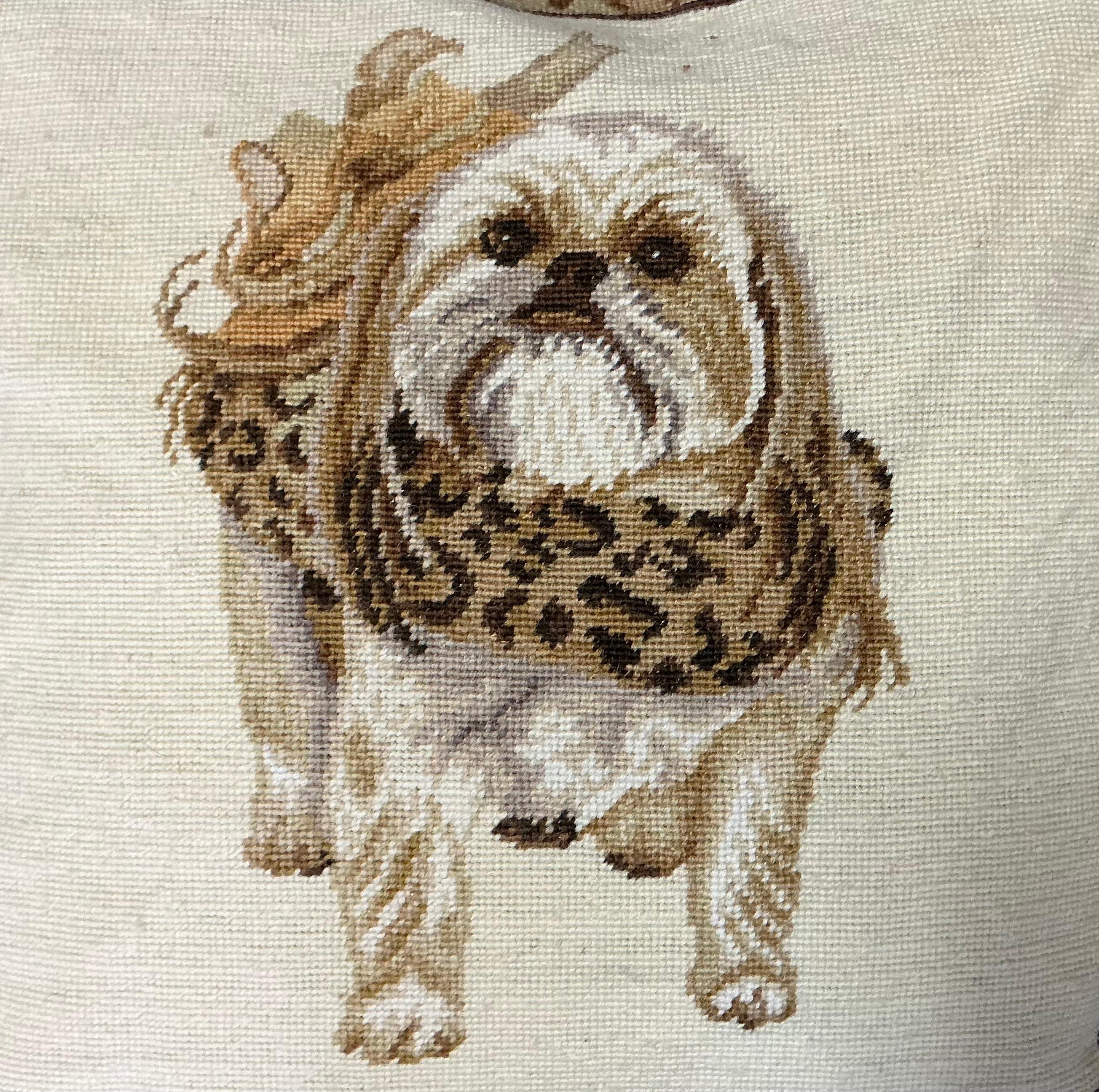 Questa è una divertente coppia di cuscini per cani a punto croce! Credo che siano Schitzus. Il bordo è leopardato e il retro è in velluto con cerniera. Sono incorniciati da nappe. Sono nuovi!