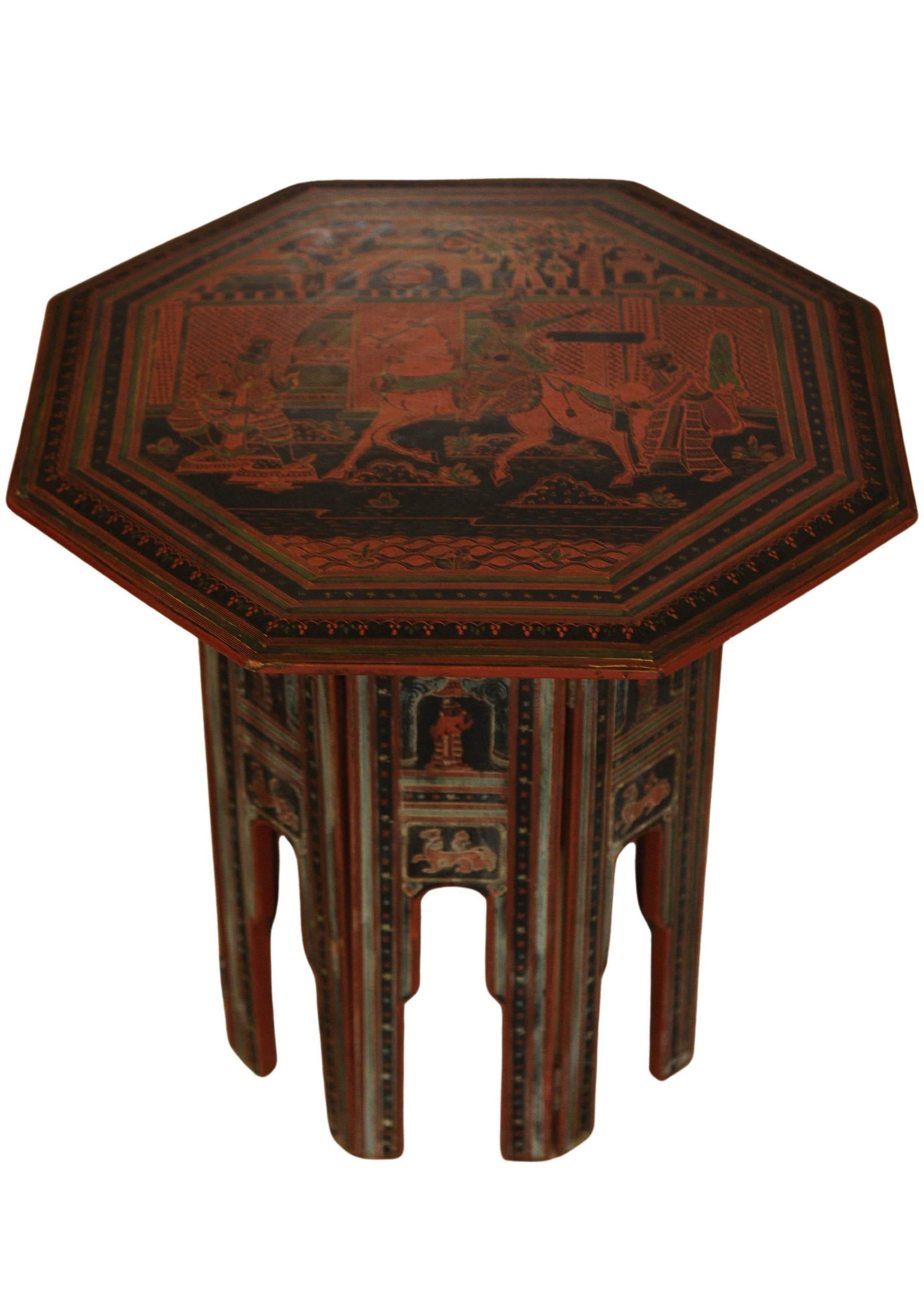 Victorian Liberty of London Style Eastern Folding Tea Table With Paintings 1890s

Decorated with images of figures, birds, animals and mythical creatures.

Top comes apart from base and base can be folded.