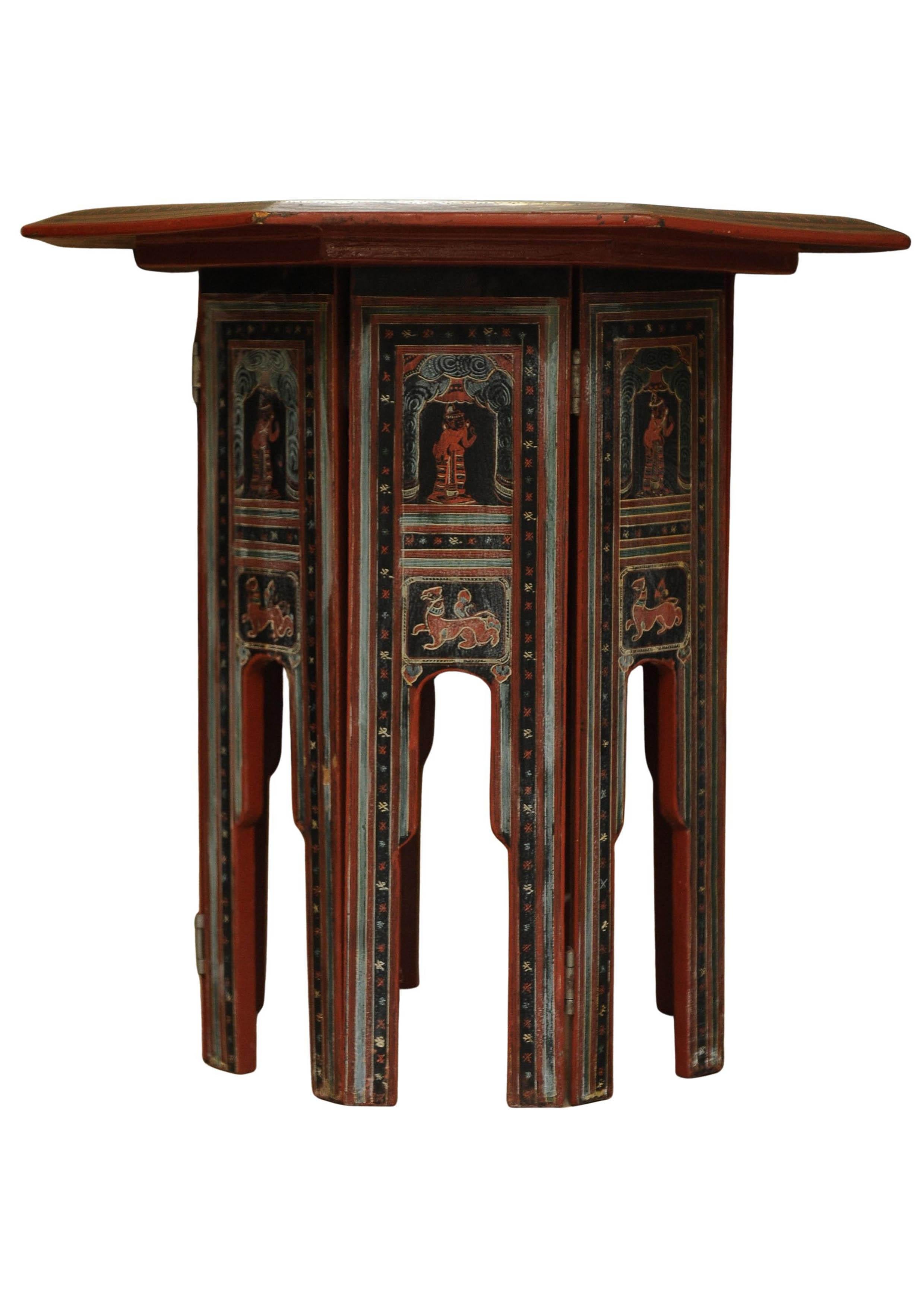 Lacquered Victorian Liberty of London Style Eastern Folding Tea Table With Paintings 1890s For Sale