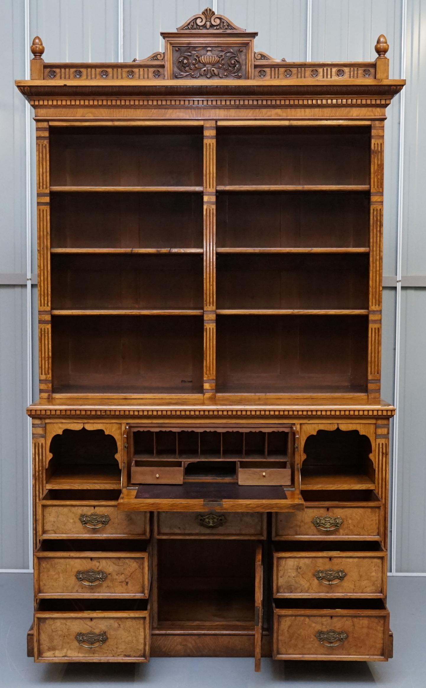 Victorian Library Burr Pollard Oak Library Bookcase Drop Front Secretaire Desk 9