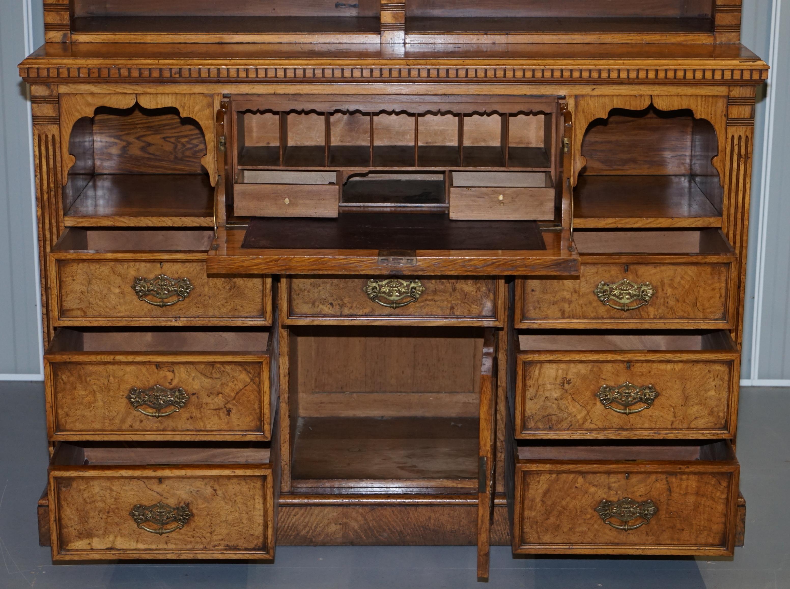 Victorian Library Burr Pollard Oak Library Bookcase Drop Front Secretaire Desk 10