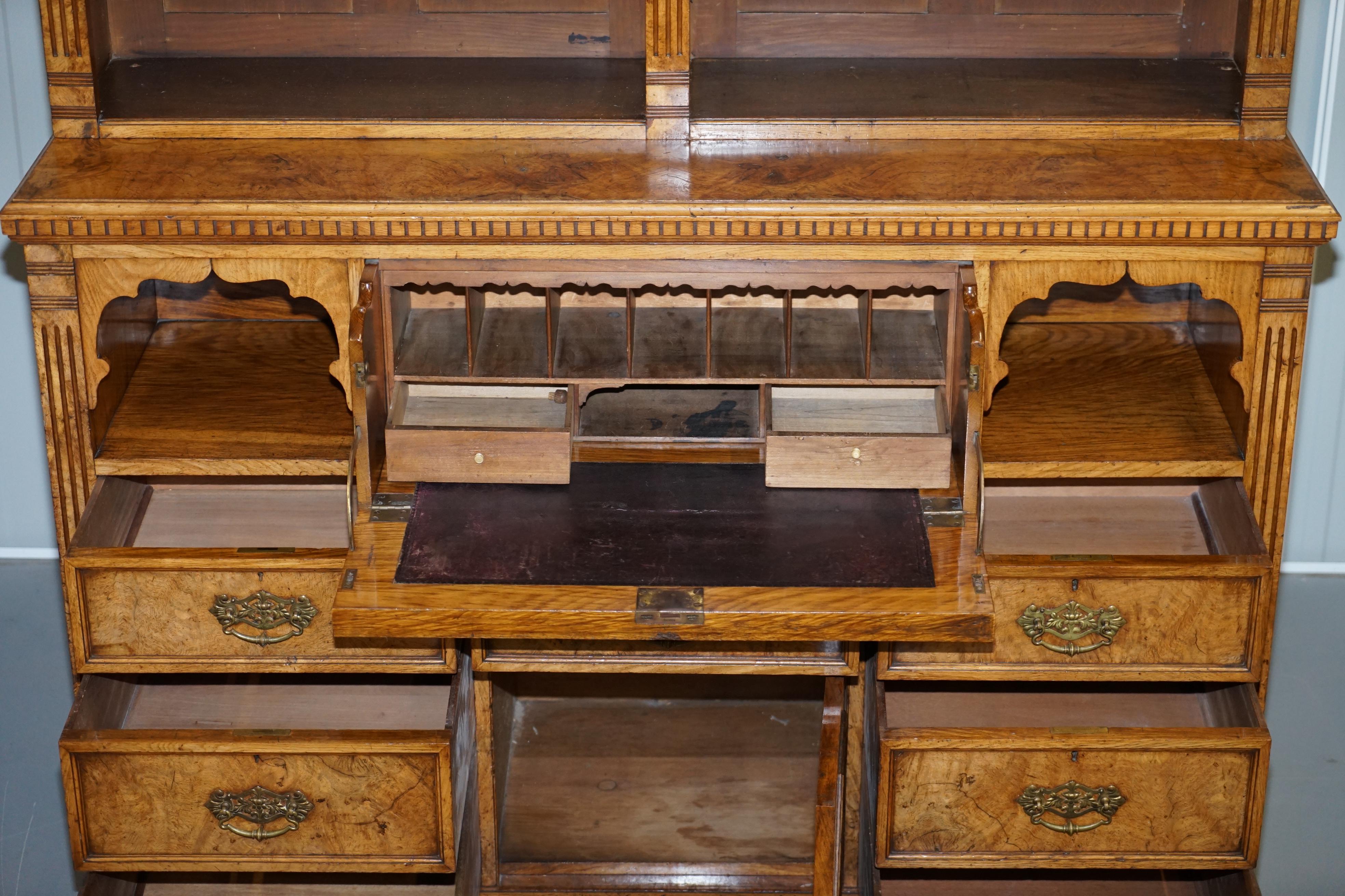 Victorian Library Burr Pollard Oak Library Bookcase Drop Front Secretaire Desk 11