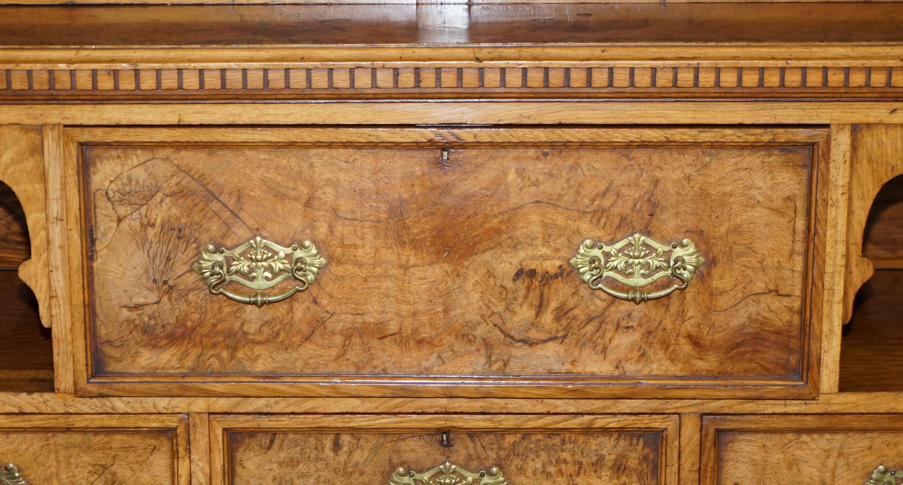 19th Century Victorian Library Burr Pollard Oak Library Bookcase Drop Front Secretaire Desk