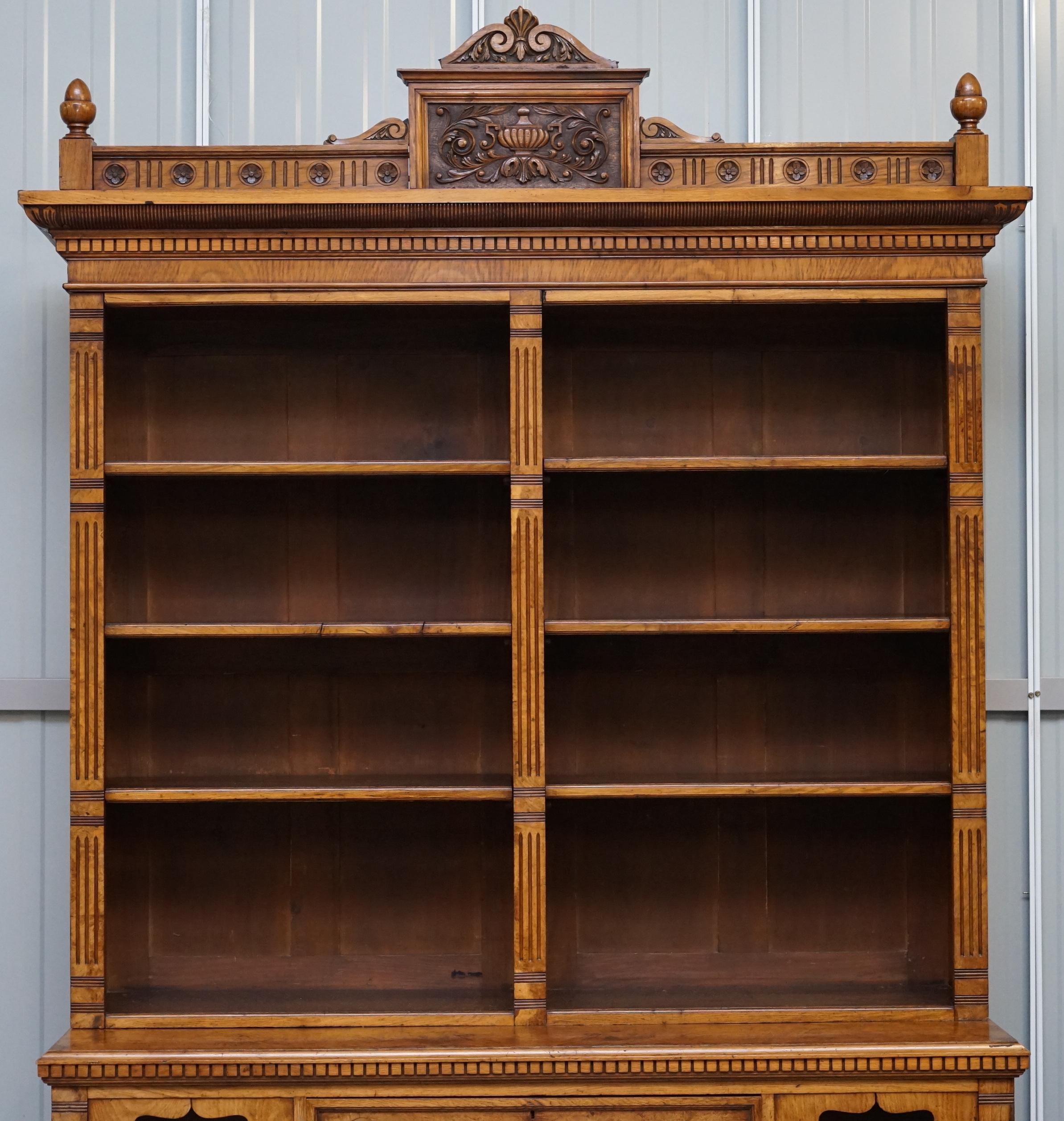 Victorian Library Burr Pollard Oak Library Bookcase Drop Front Secretaire Desk 2