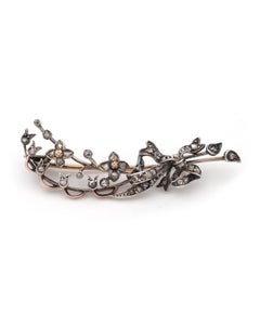 Victorian lily valley diamond brooch in 18k gold and silver, flower brooch