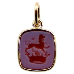 Victorian Lion and Crown Banded Agate Intaglio in 14K Gold  