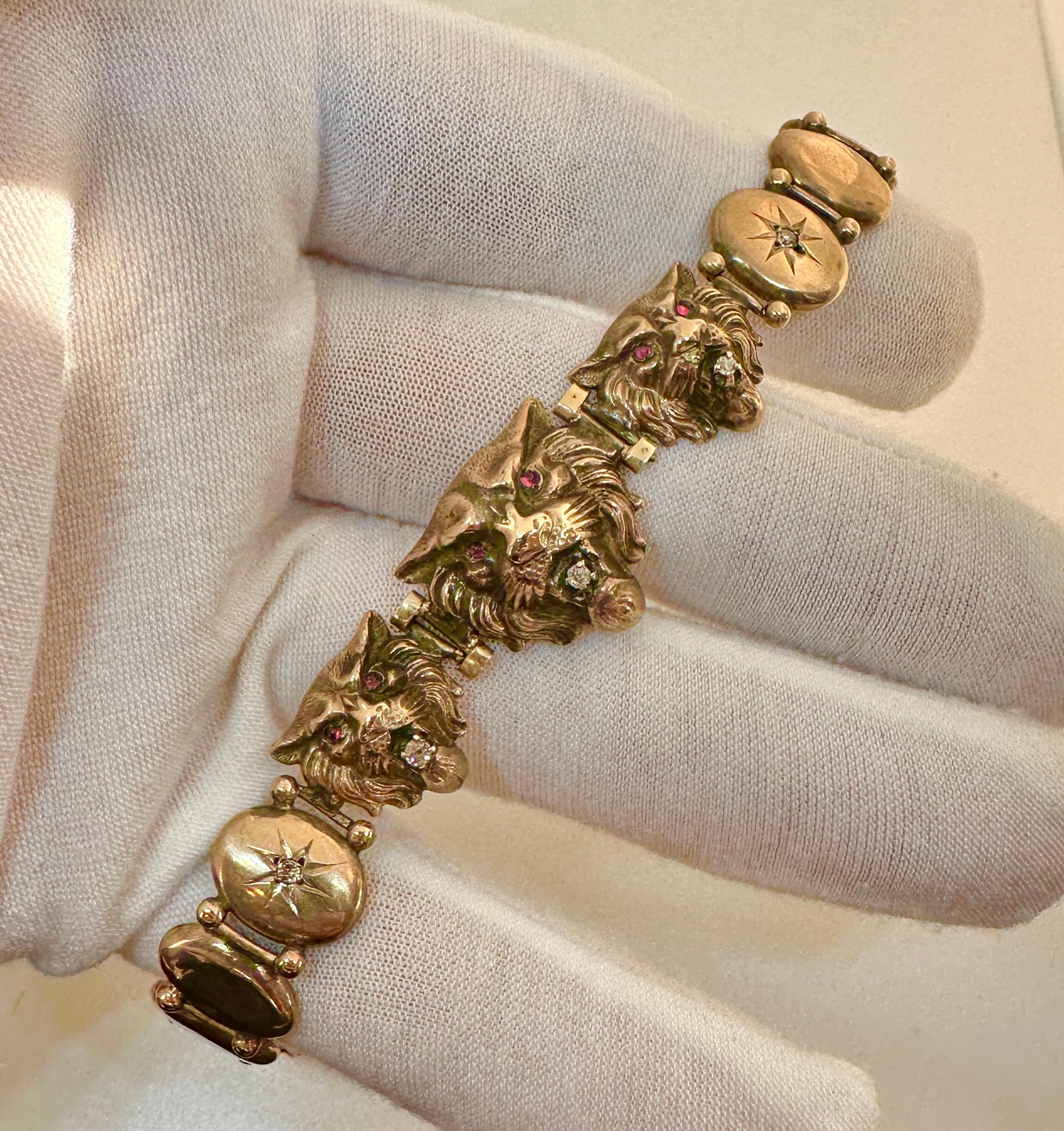 Pulsera Victoriana León Mina Antigua Diamante Rubí Oro Gato Pantera Leopardo Tigre Victoriano en venta