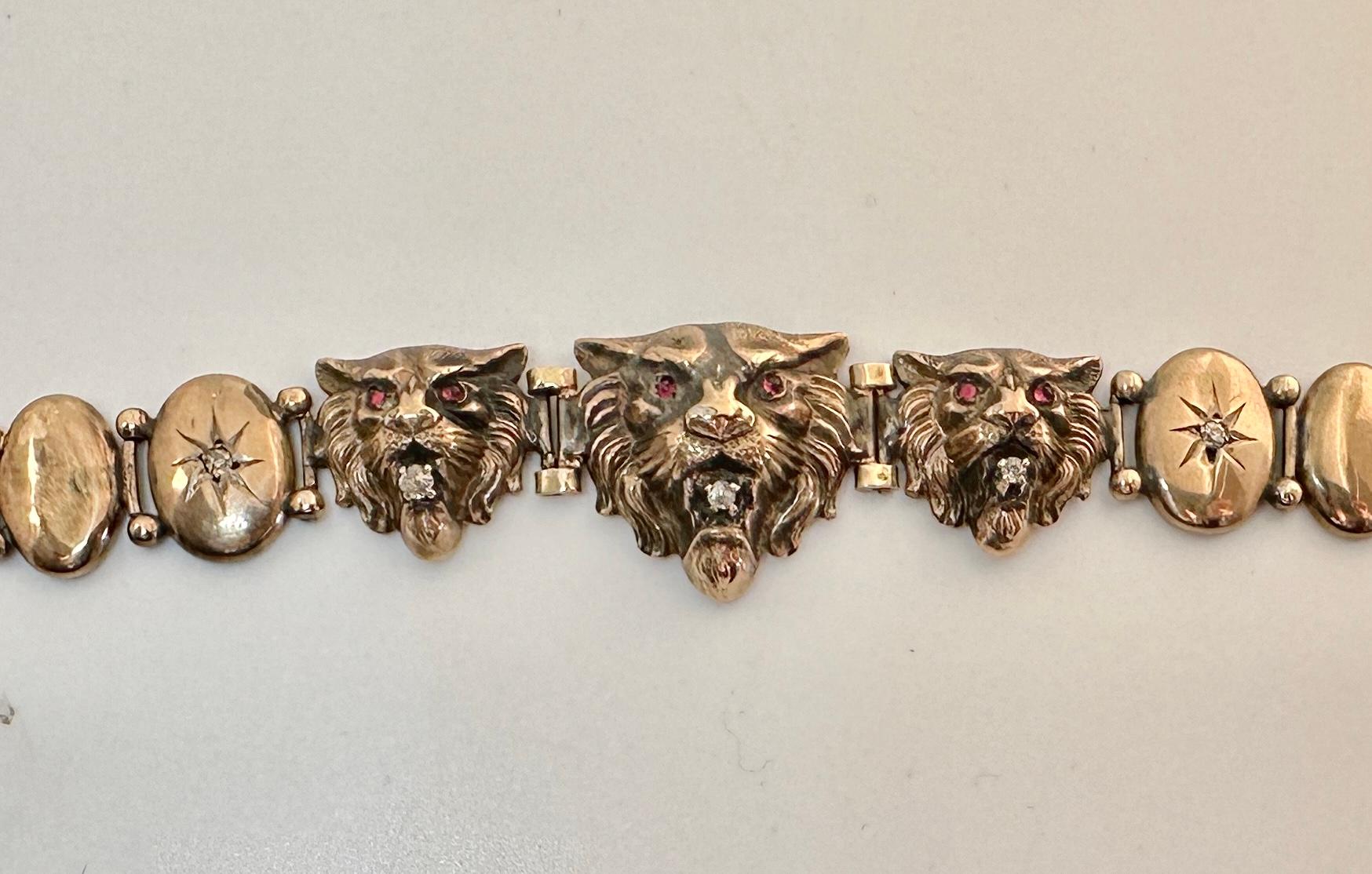 Pulsera Victoriana León Mina Antigua Diamante Rubí Oro Gato Pantera Leopardo Tigre Talla antigua en venta