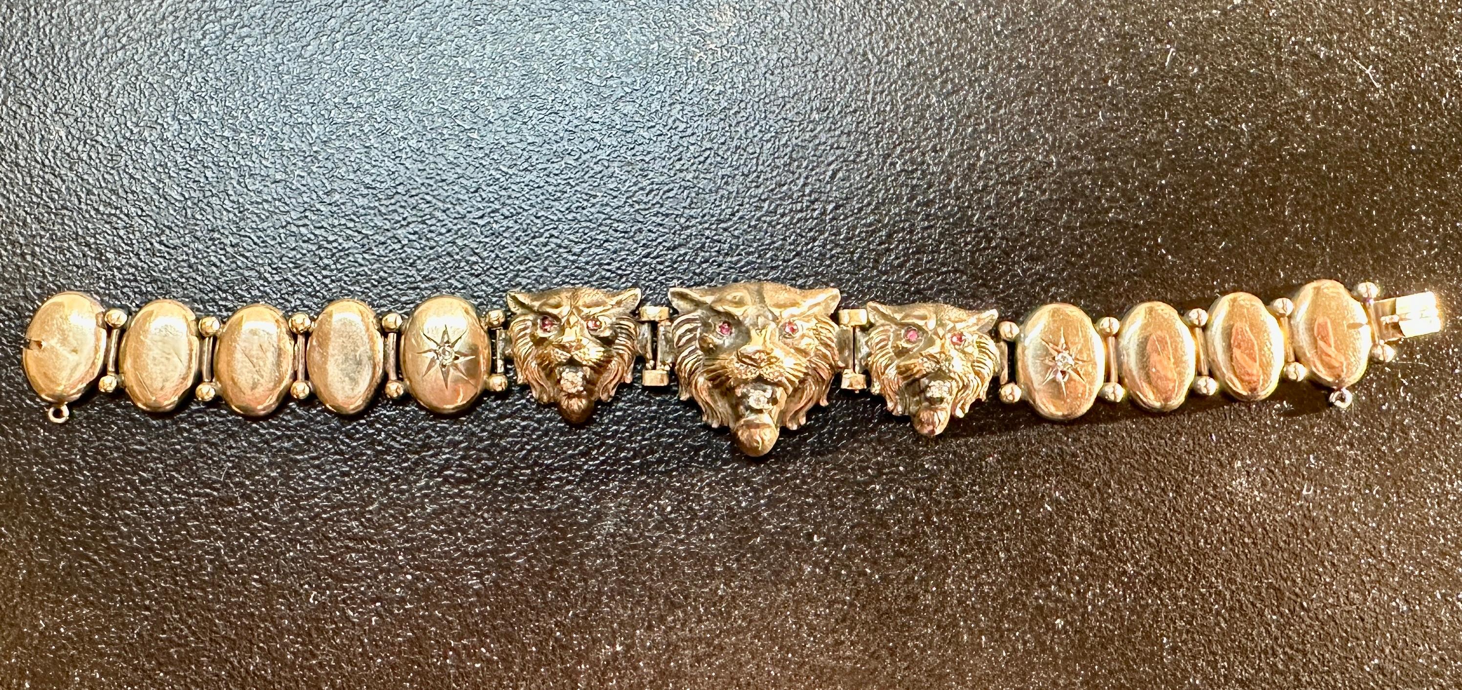 Pulsera Victoriana León Mina Antigua Diamante Rubí Oro Gato Pantera Leopardo Tigre en Excelente estado para la venta en New York, NY