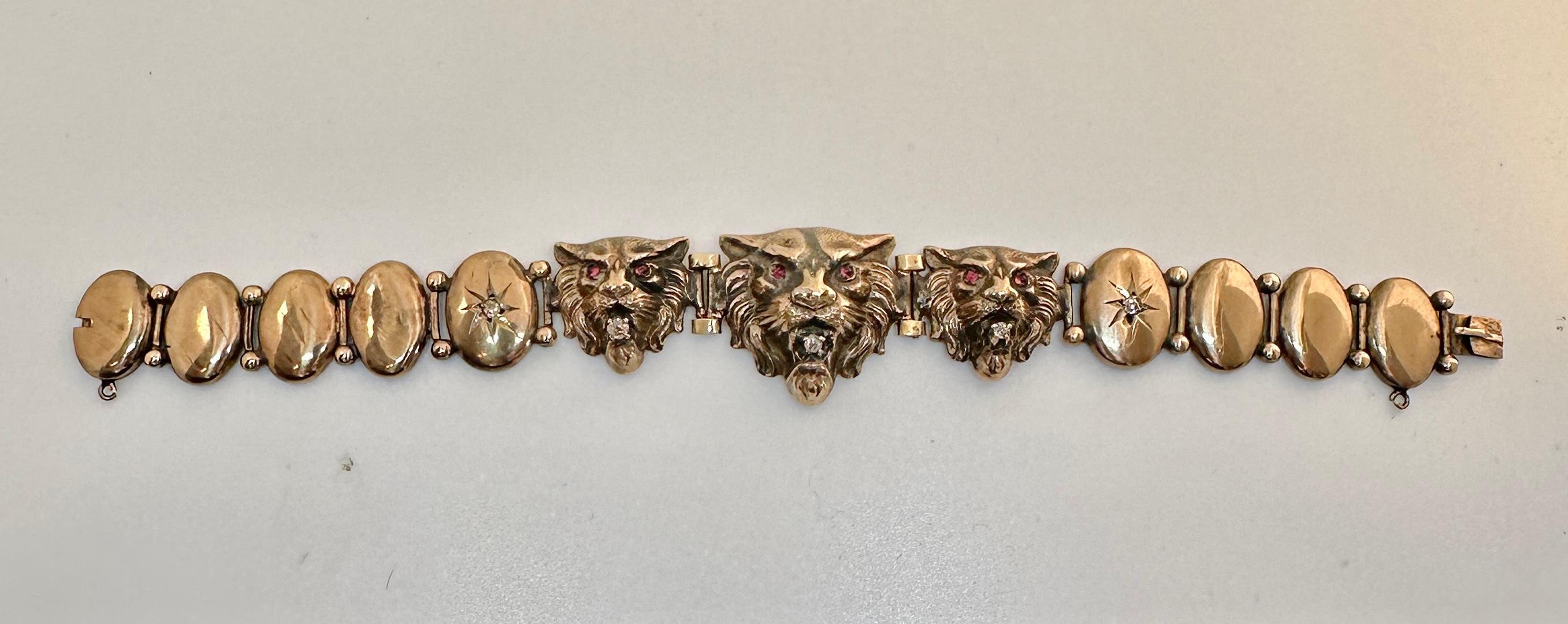 Femenino o masculino Pulsera Victoriana León Mina Antigua Diamante Rubí Oro Gato Pantera Leopardo Tigre en venta