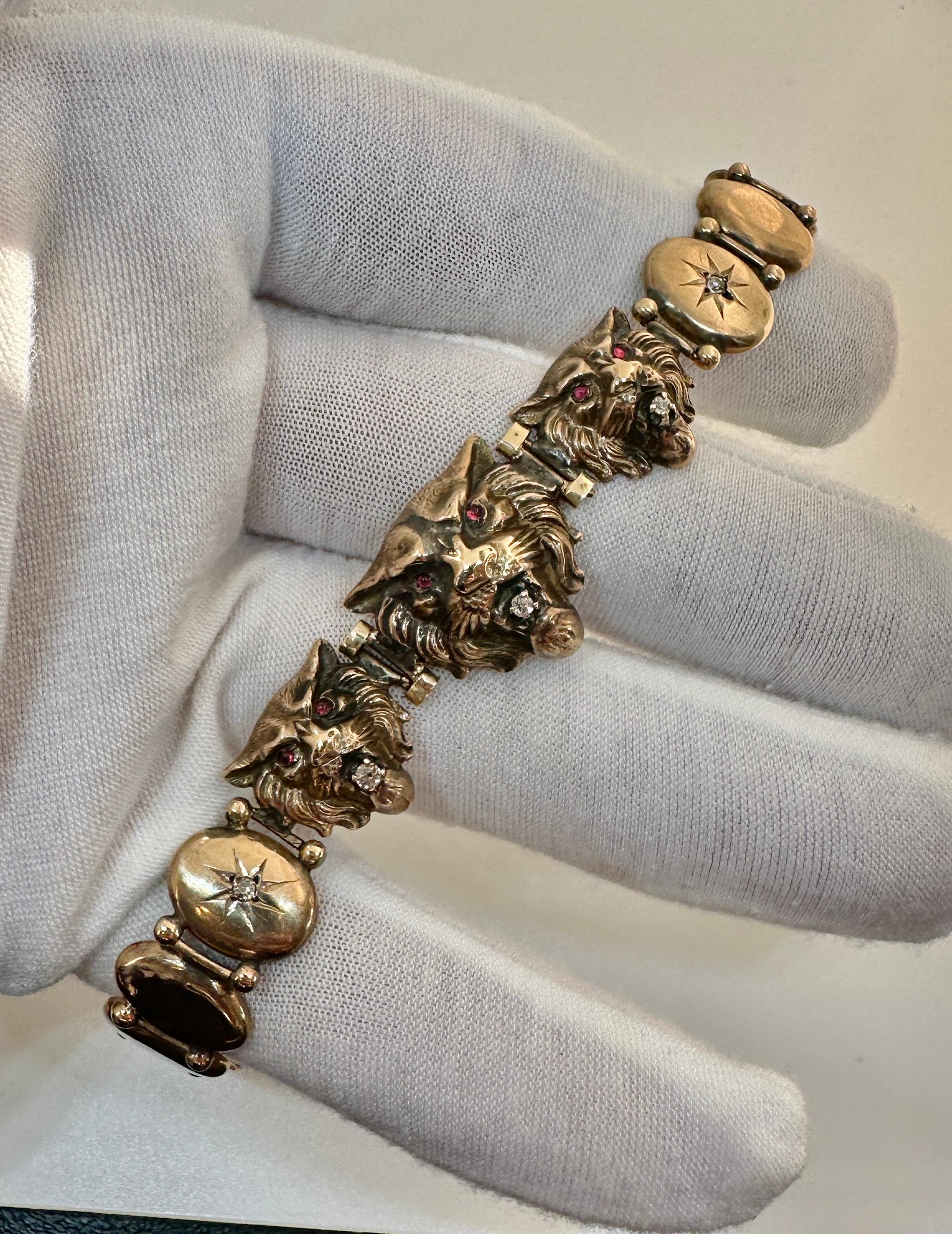 Pulsera Victoriana León Mina Antigua Diamante Rubí Oro Gato Pantera Leopardo Tigre en venta 1