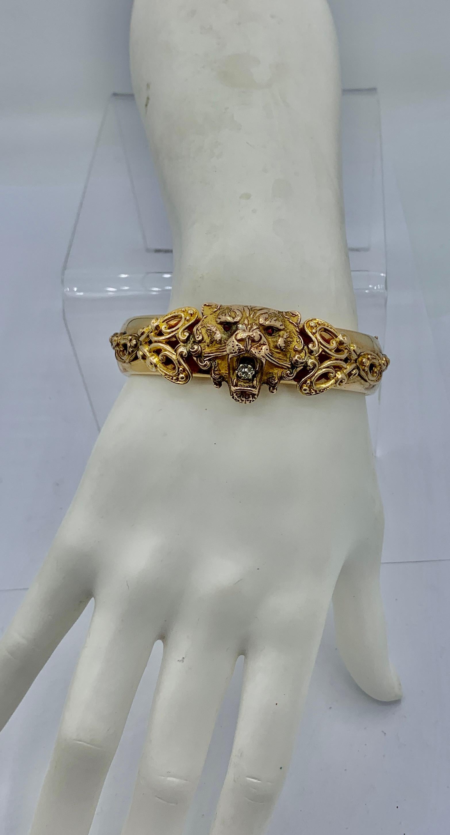 Victorian Lion Head Bangle Bracelet Panther Leopard Tiger Antique In Good Condition In New York, NY