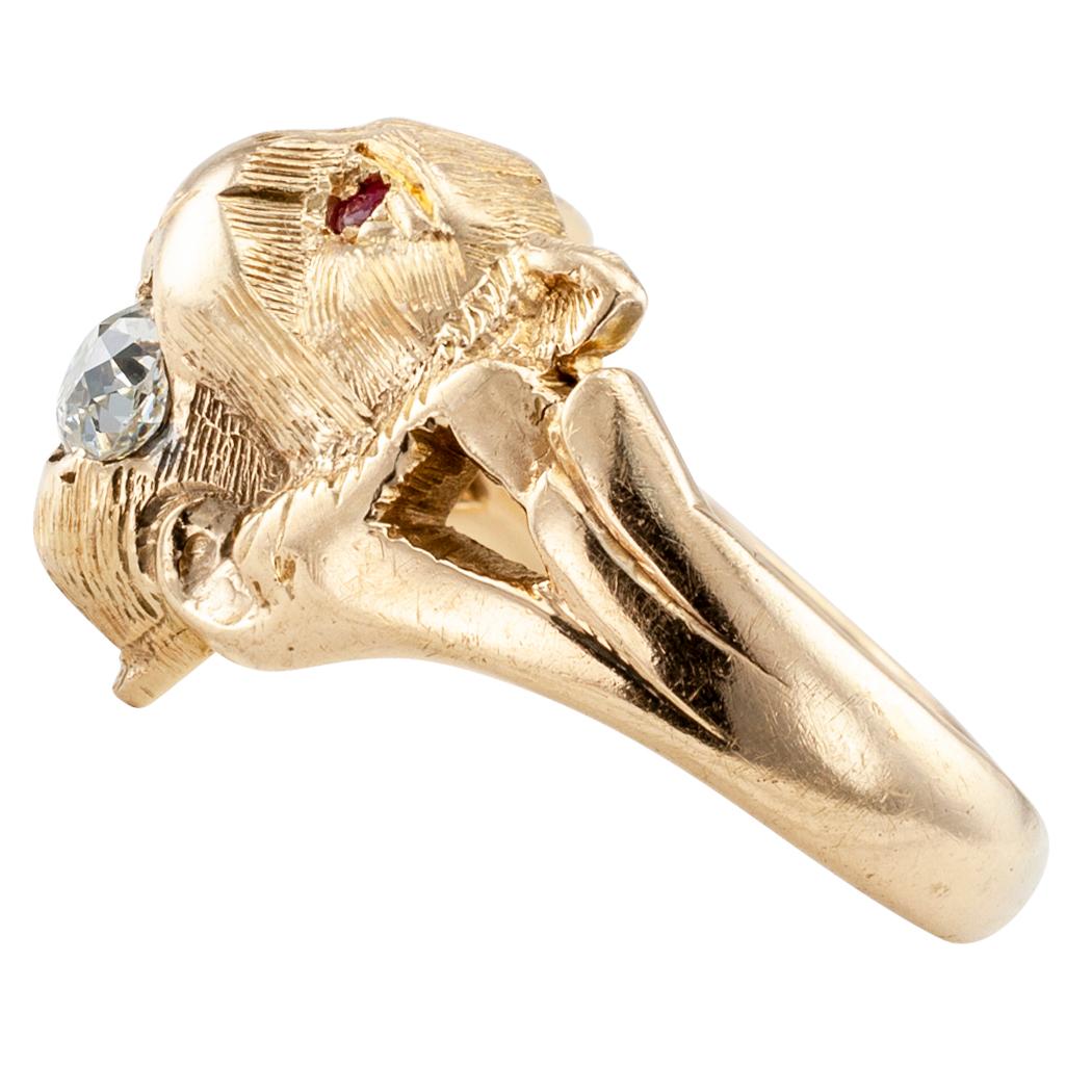 Victorian Lion Head Ruby Diamond Gold Ring In Good Condition In Los Angeles, CA
