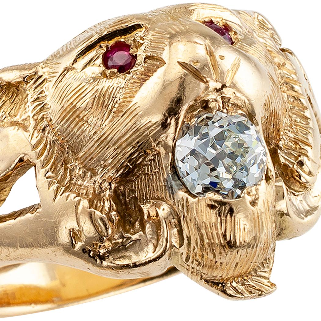 Victorian Lion Head Ruby Diamond Gold Ring 2