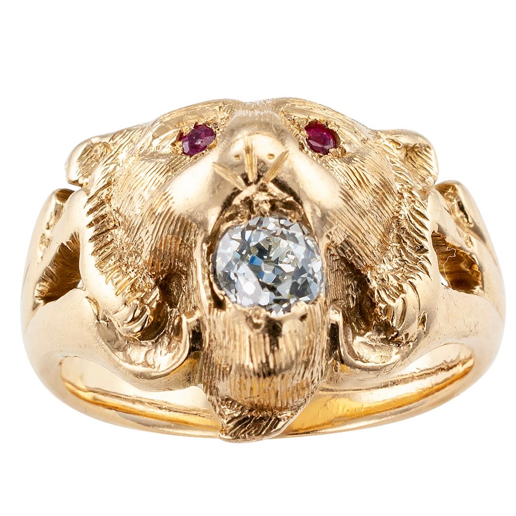Victorian Lion Head Ruby Diamond Gold Ring