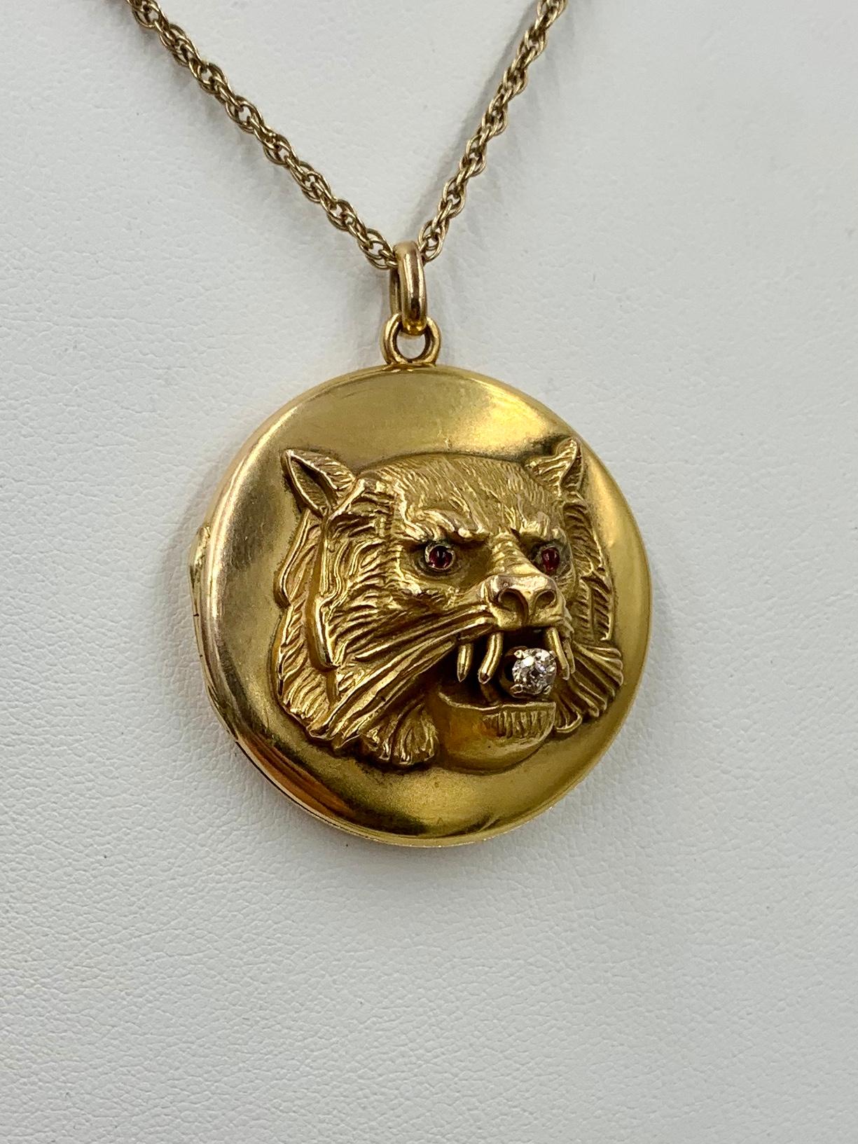 Victorian Lion Locket Necklace Diamond Ruby 14 Karat Gold Panther Leopard Tiger For Sale 3