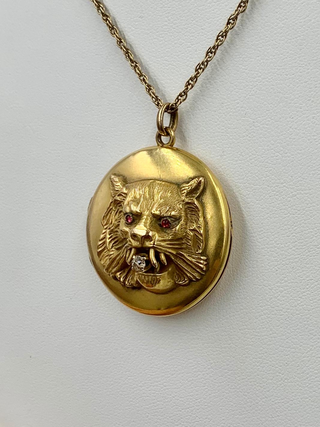 Victorian Lion Locket Necklace Diamond Ruby 14 Karat Gold Panther Leopard Tiger For Sale 4
