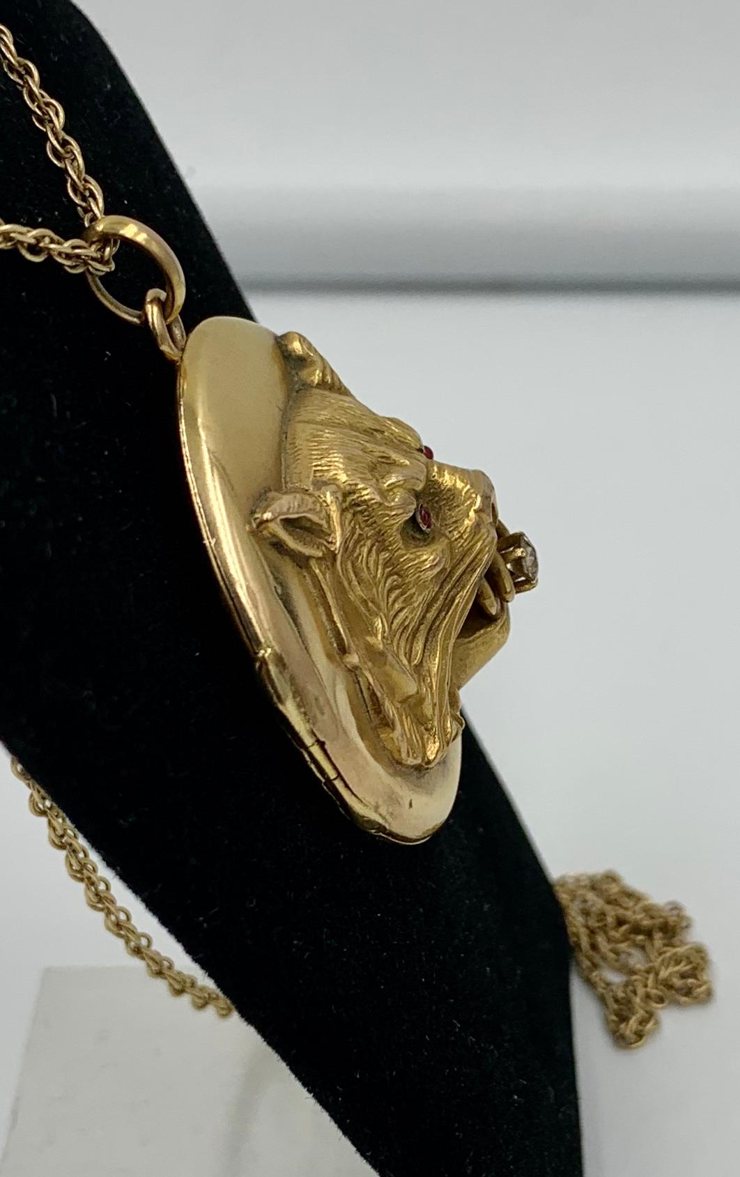 Victorian Lion Locket Necklace Diamond Ruby 14 Karat Gold Panther Leopard Tiger For Sale 9