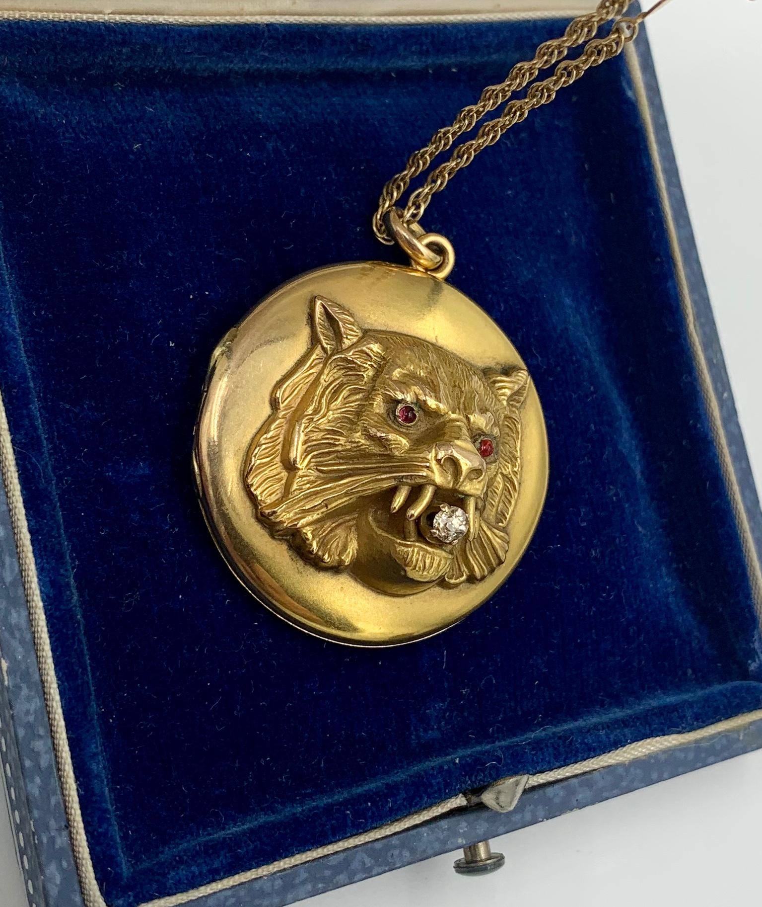 Victorian Lion Locket Necklace Diamond Ruby 14 Karat Gold Panther Leopard Tiger In Good Condition For Sale In New York, NY