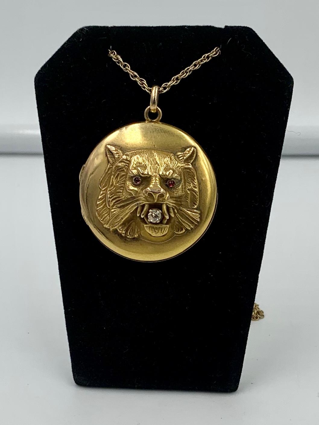 Women's Victorian Lion Locket Necklace Diamond Ruby 14 Karat Gold Panther Leopard Tiger For Sale